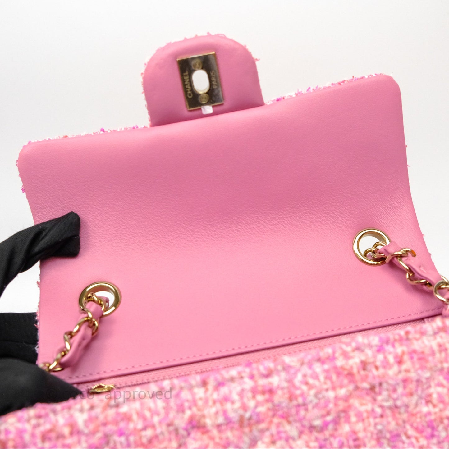 Chanel Tweed Quilted Mini Rectangular Flap Pink Tweed Gold Hardware
