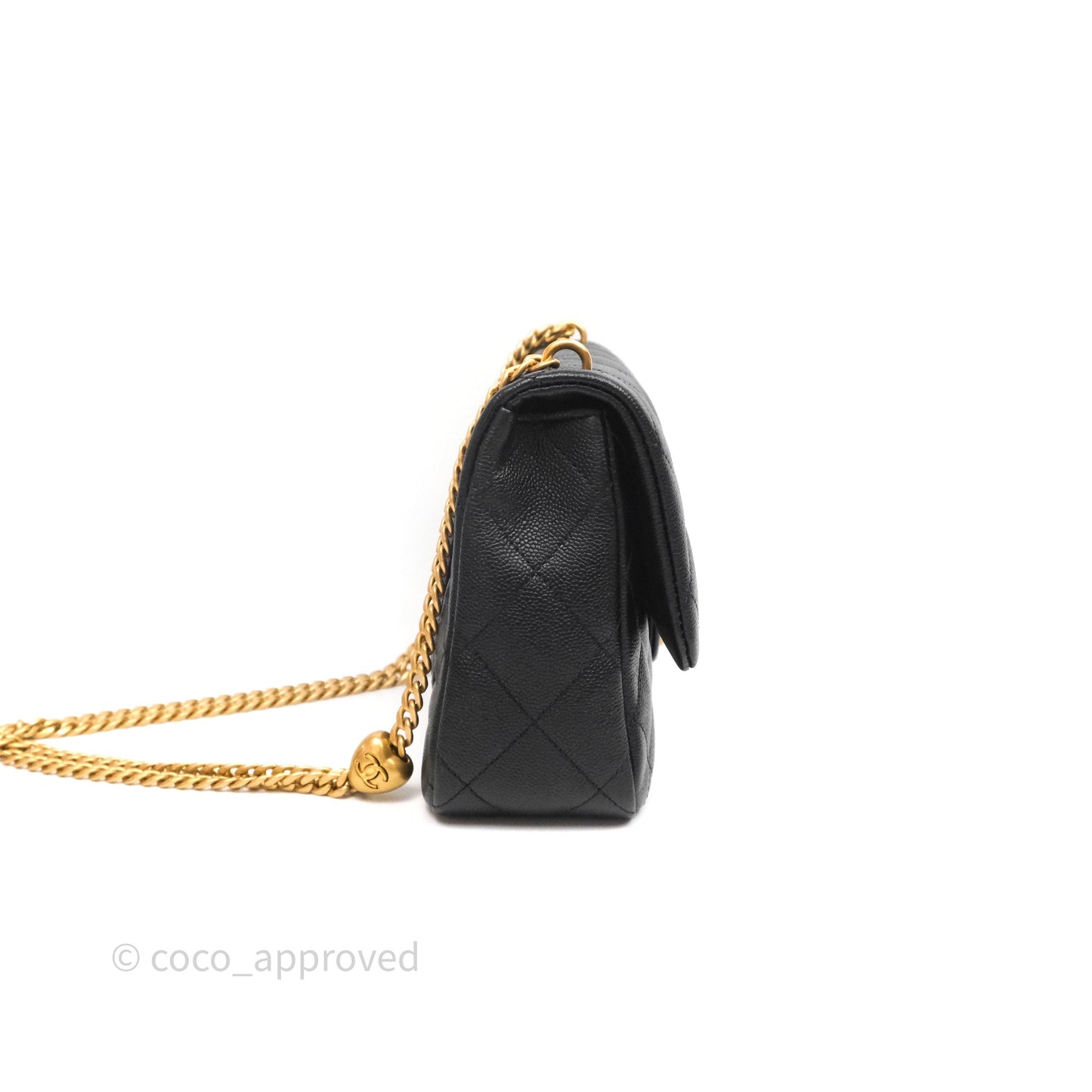 Chanel Flap Bag Heart Adjustable Chain Black Caviar Aged Gold Hardware