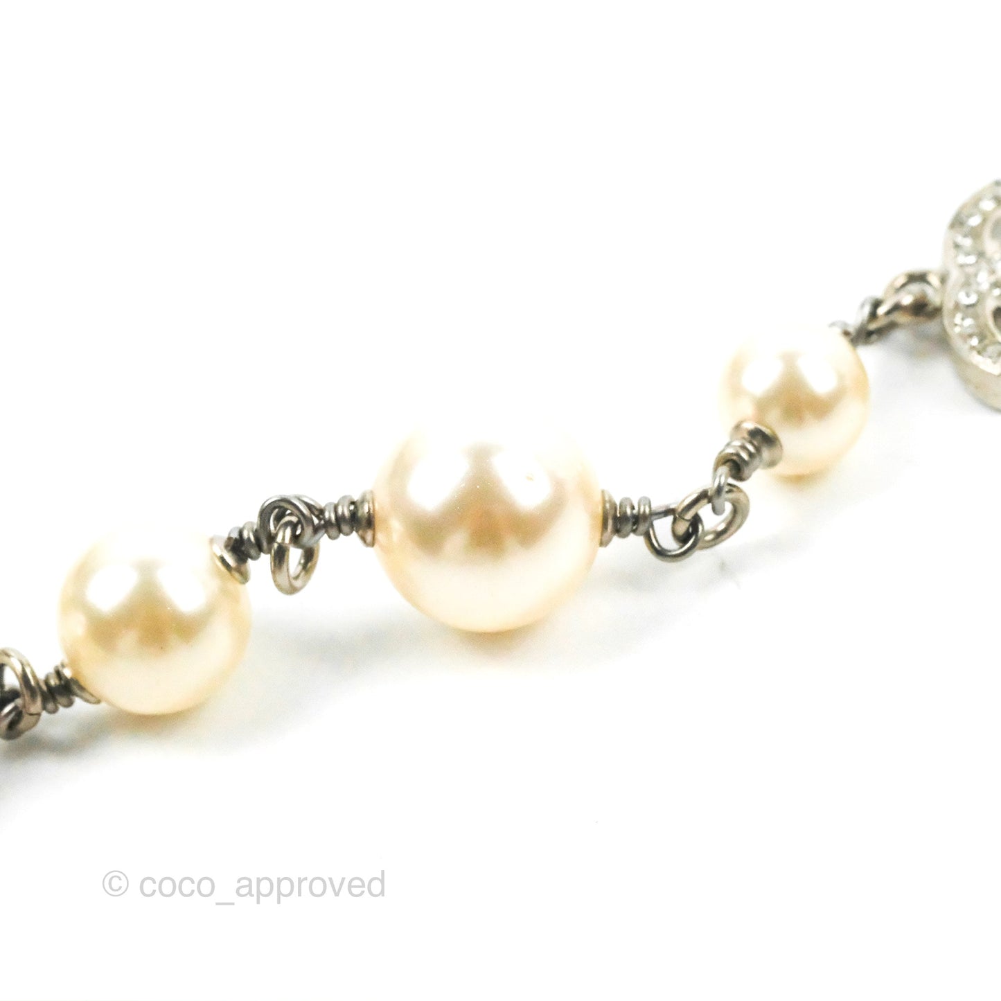Chanel Crystal CC Pearl Chain Long Necklace Silver Tone 13B