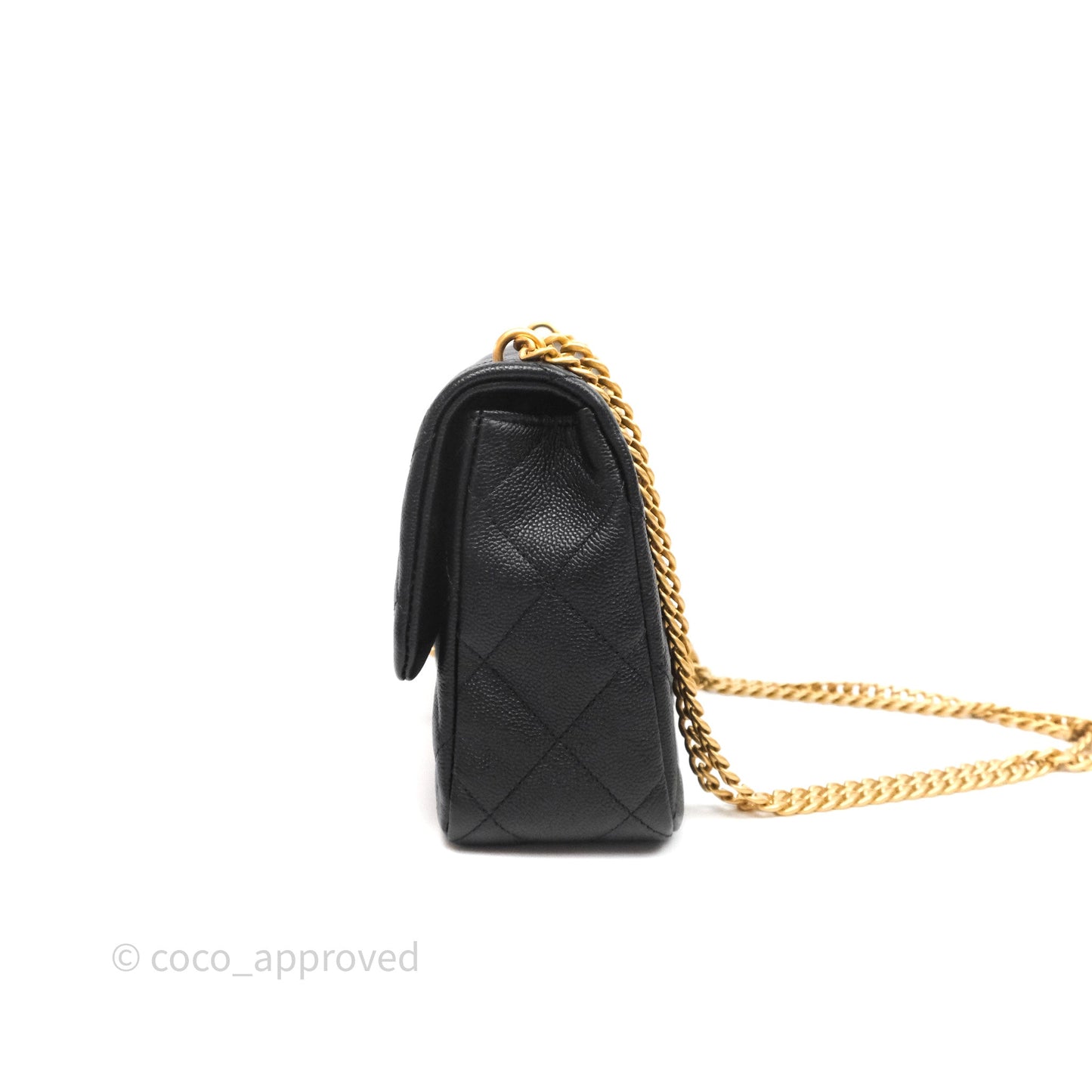 Chanel Flap Bag Heart Adjustable Chain Black Caviar Aged Gold Hardware