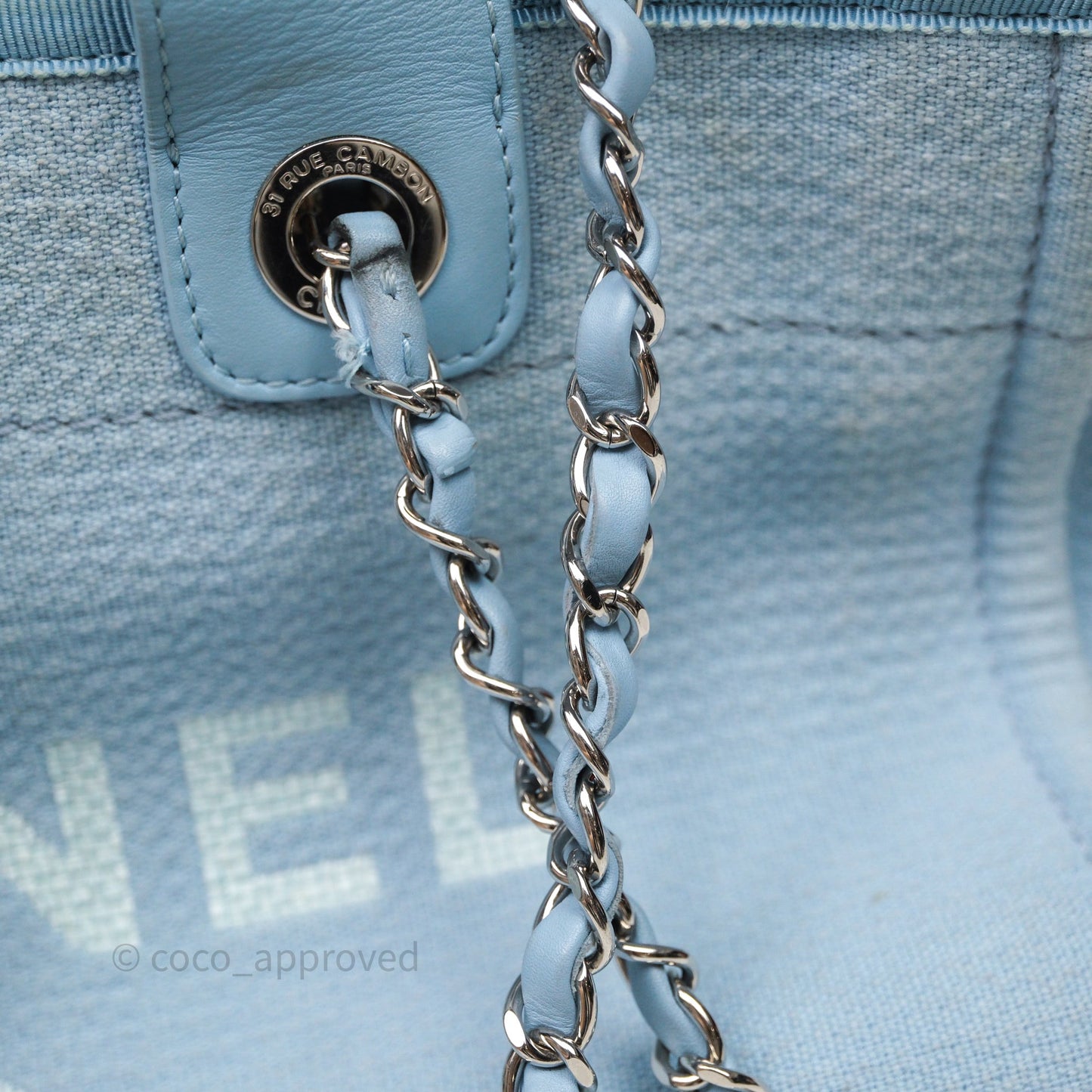 Chanel New Small Deauville Tote Blue Canvas Silver Hardware