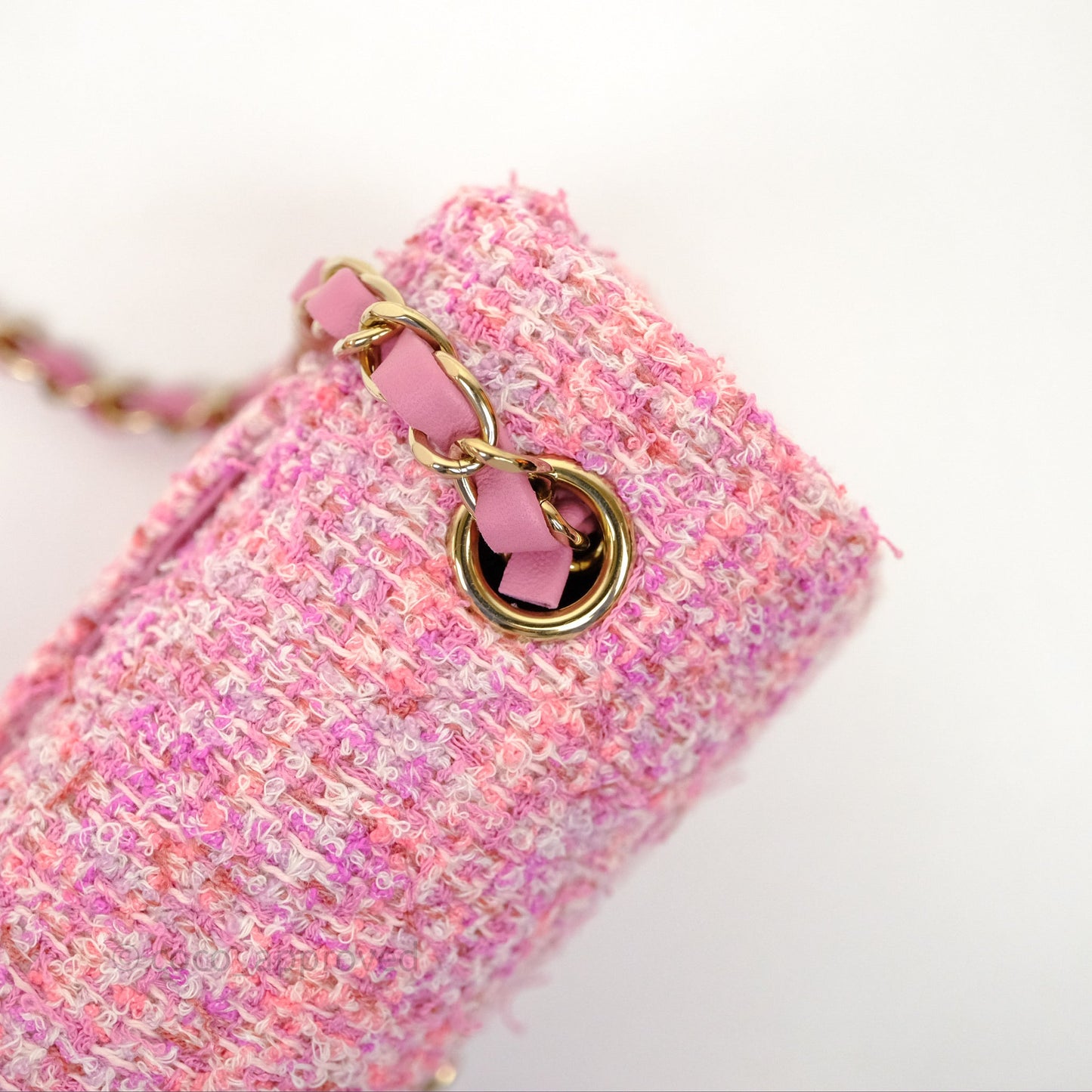 Chanel Tweed Quilted Mini Rectangular Flap Pink Tweed Gold Hardware