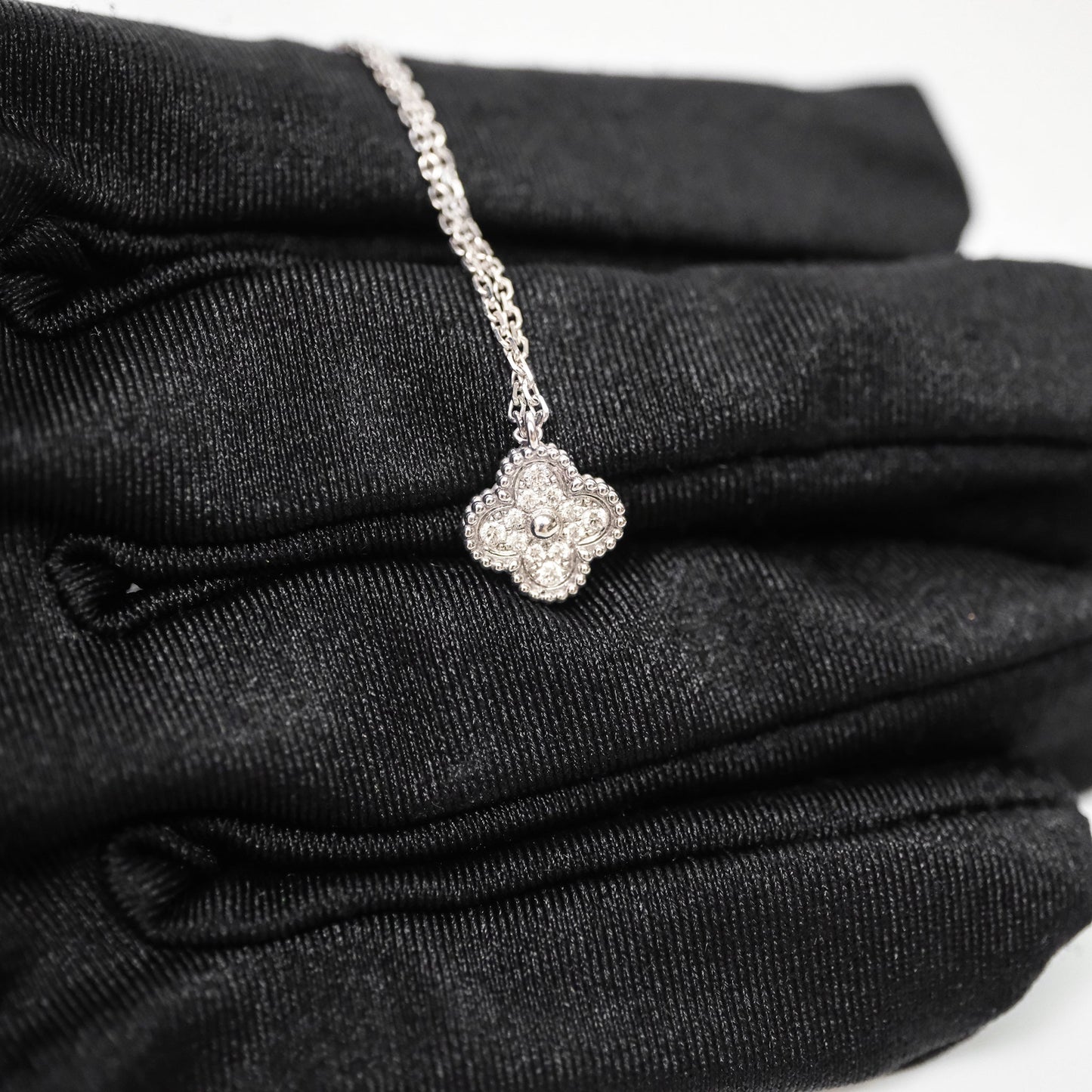 Van Cleef & Arpels Alhambra Pendant White Gold Diamond Necklace Silver Tone