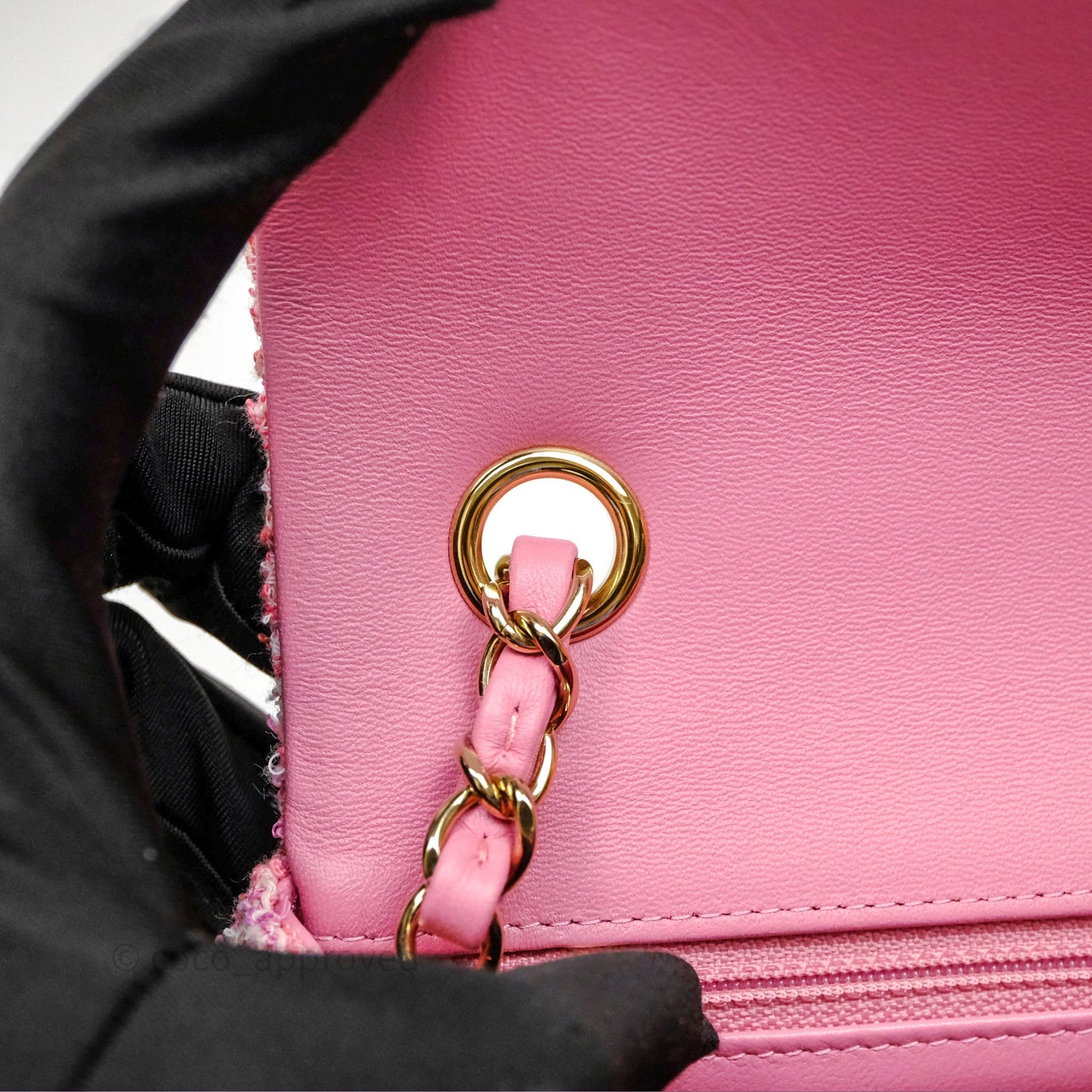 Chanel Tweed Quilted Mini Rectangular Flap Pink Tweed Gold Hardware