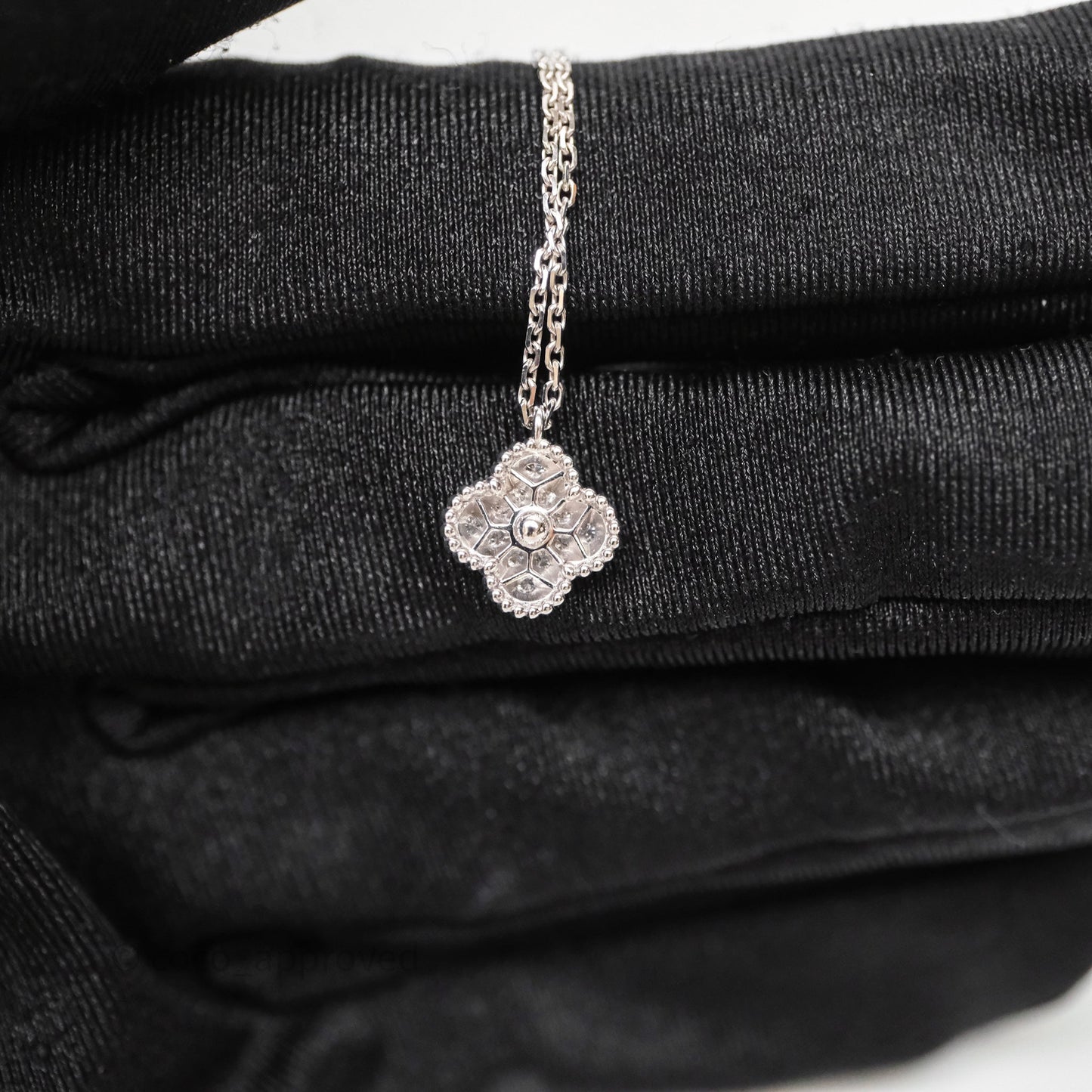 Van Cleef & Arpels Alhambra Pendant White Gold Diamond Necklace Silver Tone