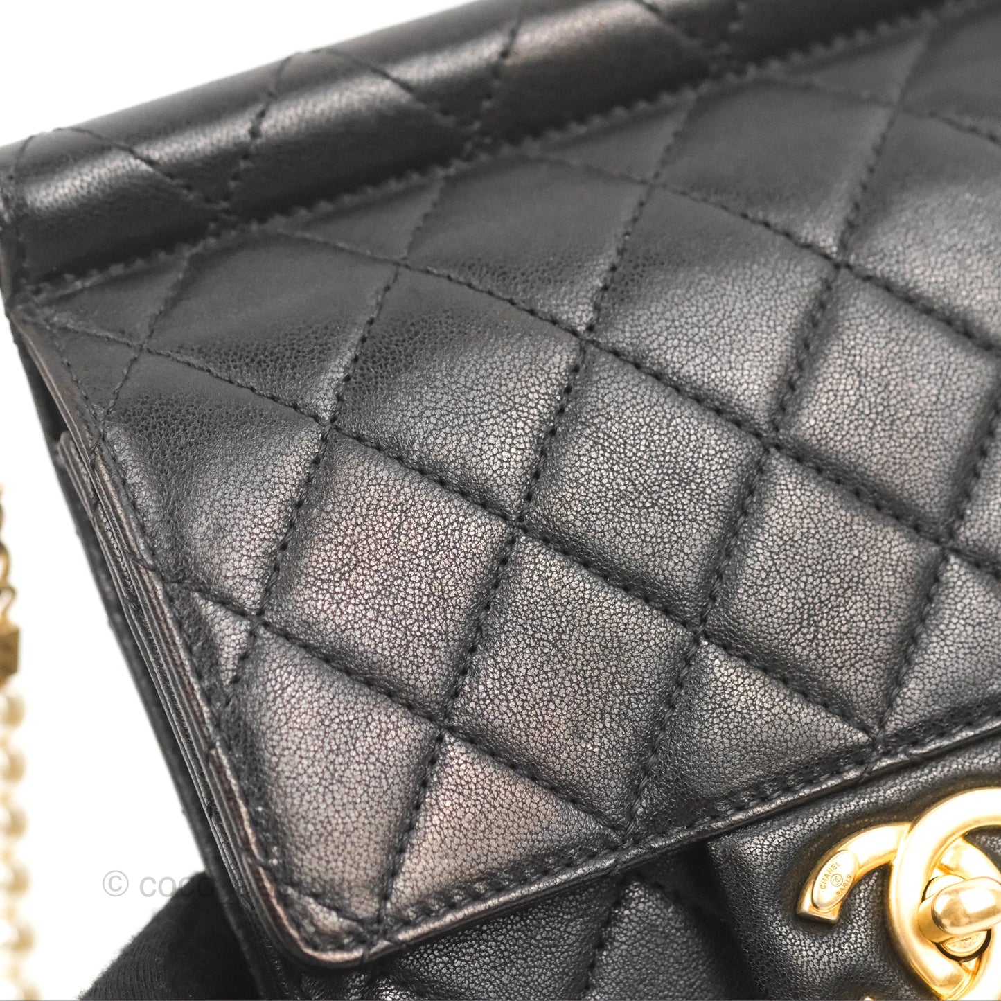 Chanel Small Pearl Flap Bag Black Calfskin Aged Gold Hardware