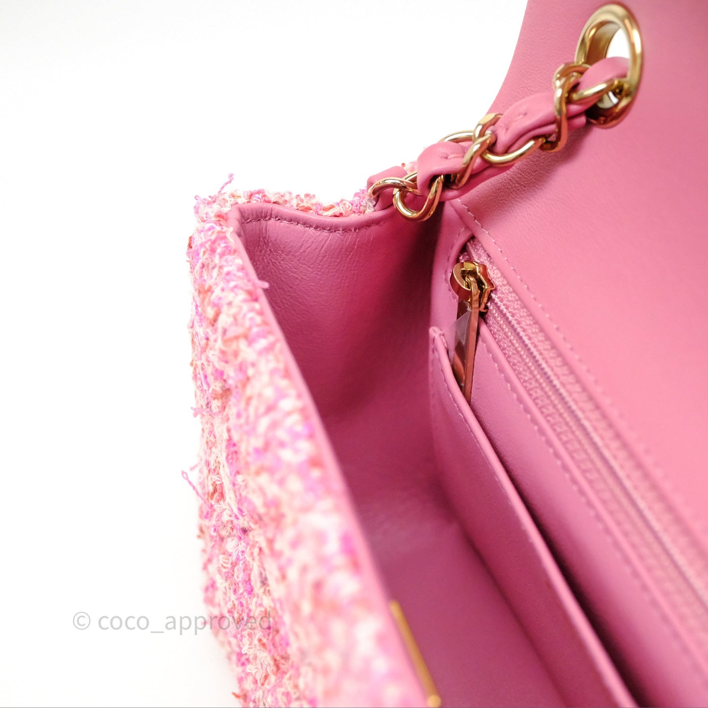 Chanel Tweed Quilted Mini Rectangular Flap Pink Tweed Gold Hardware