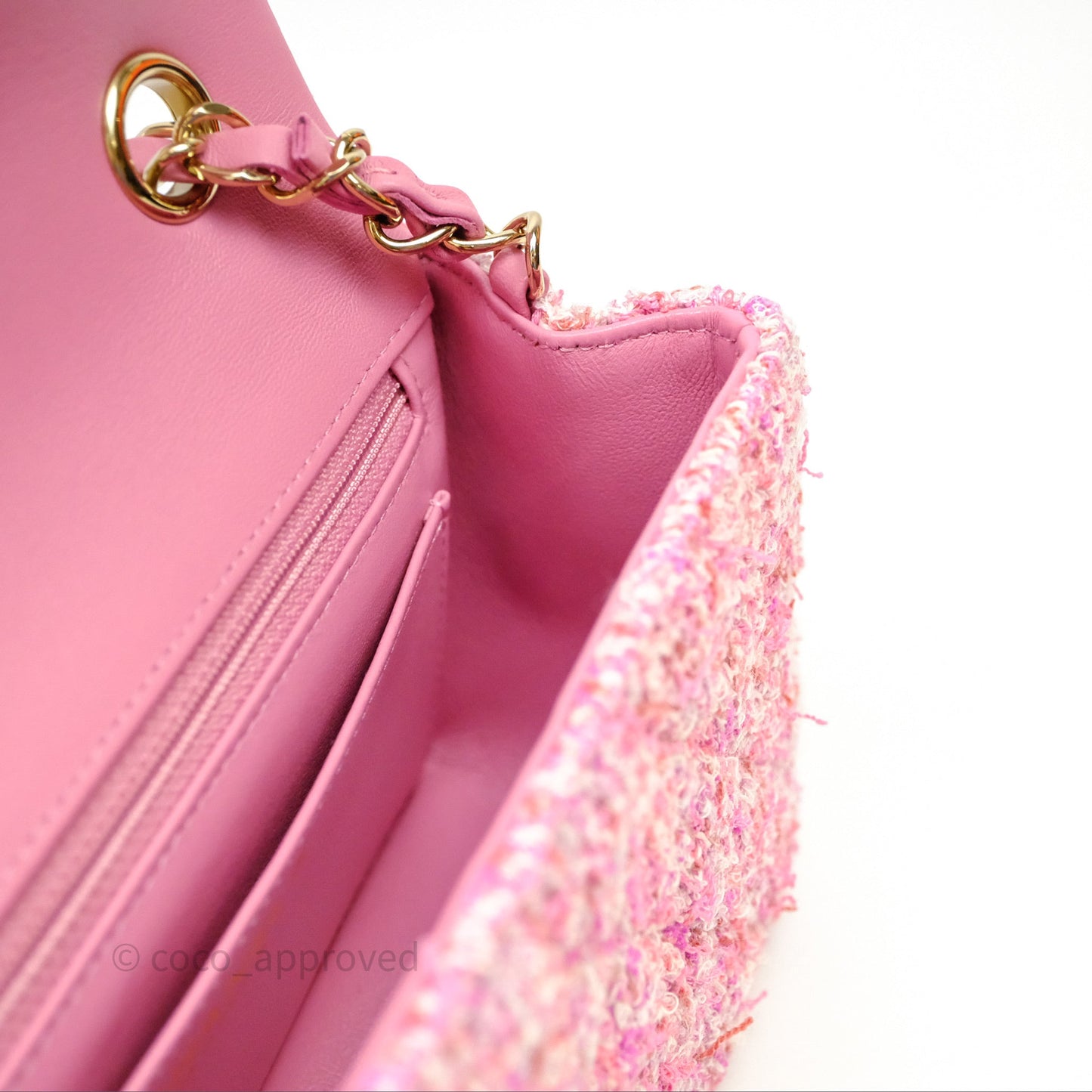 Chanel Tweed Quilted Mini Rectangular Flap Pink Tweed Gold Hardware