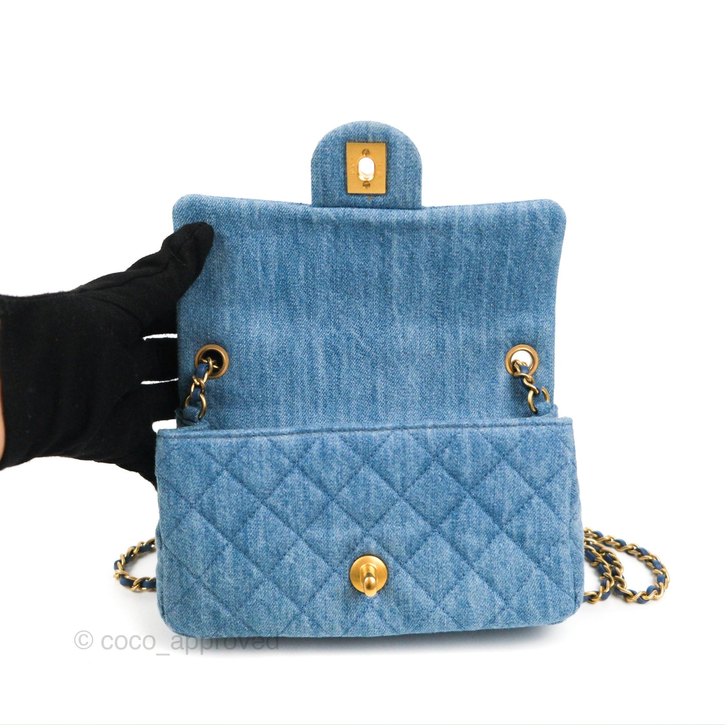 Chanel Mini Rectangular Pearl Crush Quilted Denim Aged Gold Hardware 22C