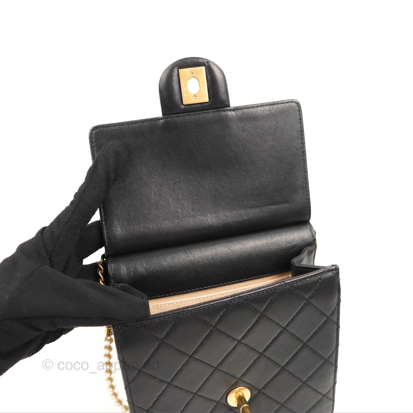 Chanel Small Pearl Flap Bag Black Calfskin Aged Gold Hardware