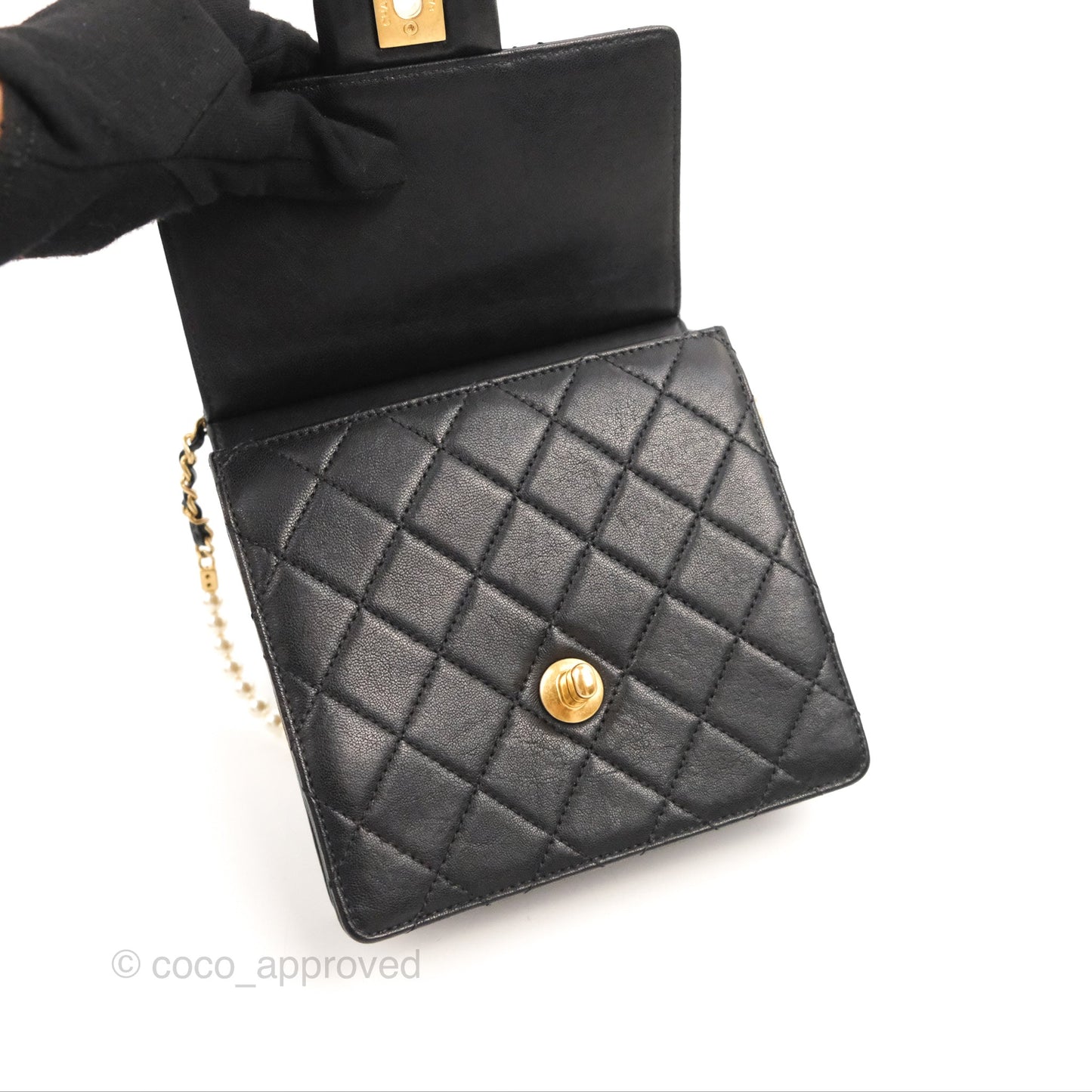 Chanel Small Pearl Flap Bag Black Calfskin Aged Gold Hardware