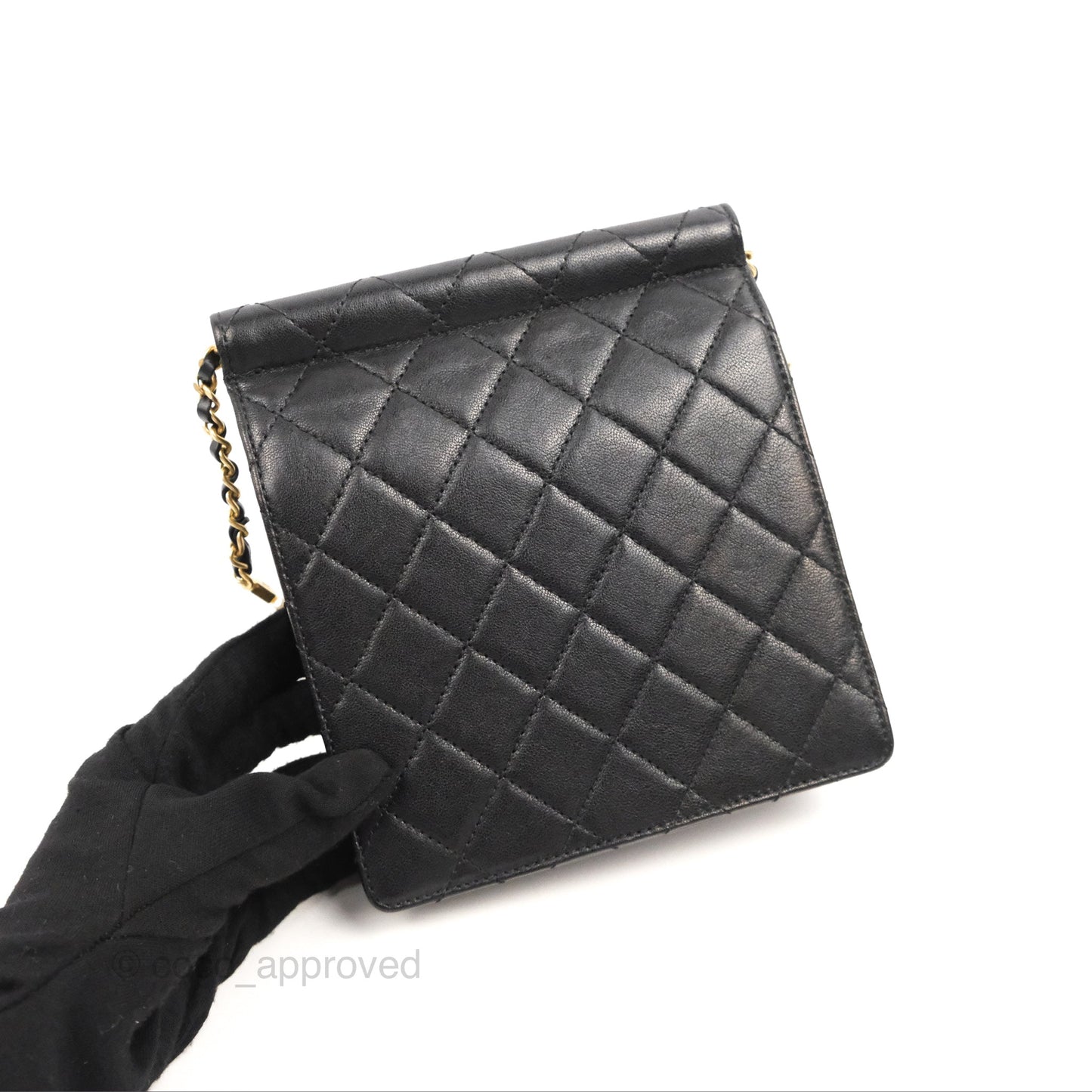 Chanel Small Pearl Flap Bag Black Calfskin Aged Gold Hardware