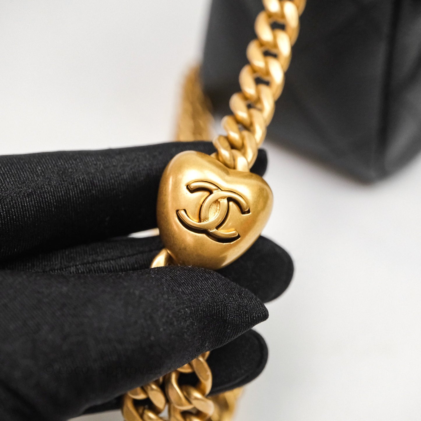 Chanel Flap Bag Heart Adjustable Chain Black Caviar Aged Gold Hardware