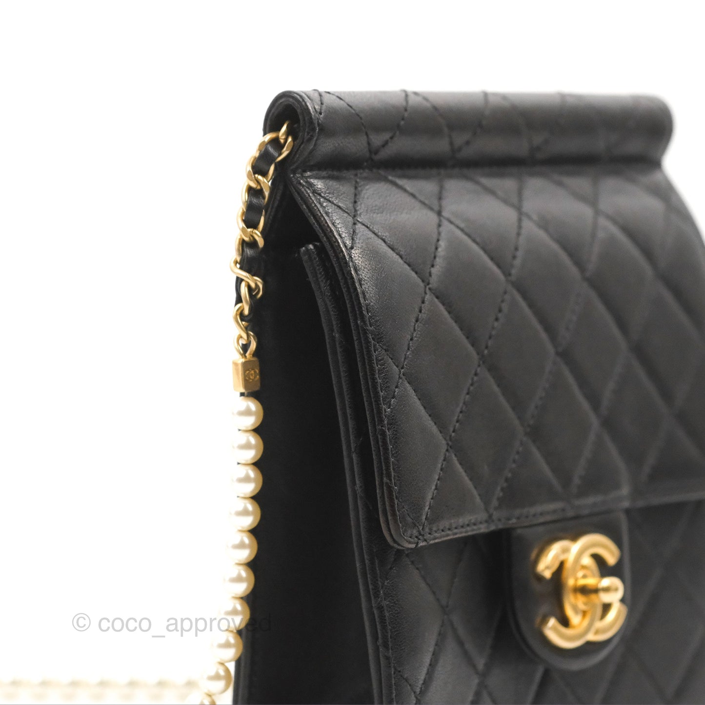 Chanel Small Pearl Flap Bag Black Calfskin Aged Gold Hardware