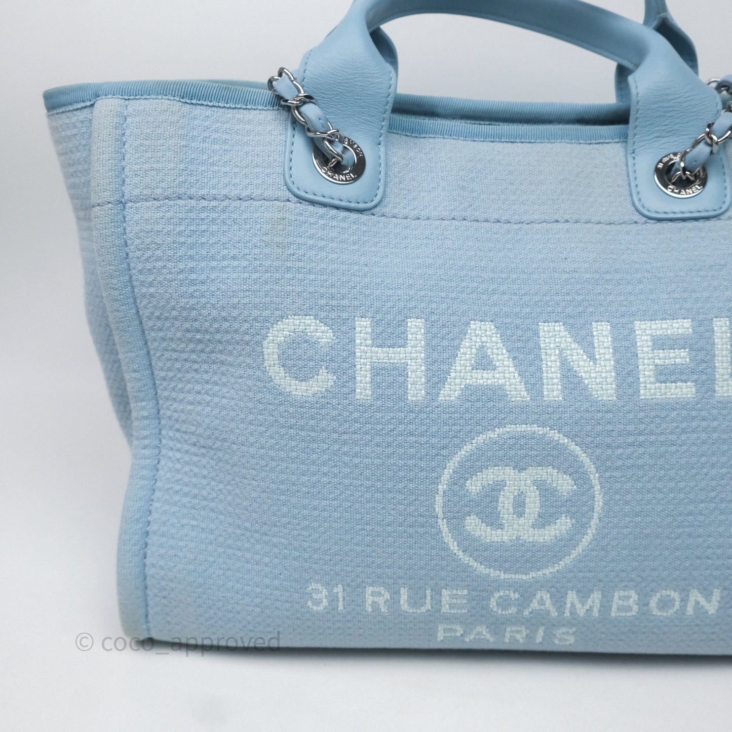Chanel New Small Deauville Tote Blue Canvas Silver Hardware