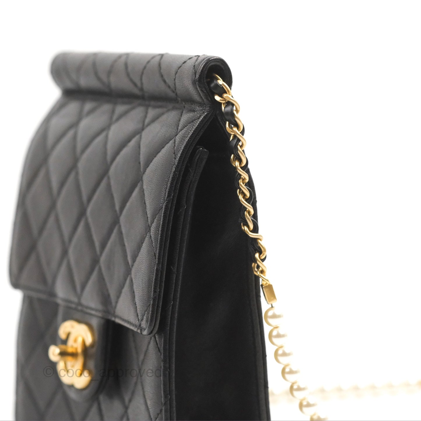 Chanel Small Pearl Flap Bag Black Calfskin Aged Gold Hardware