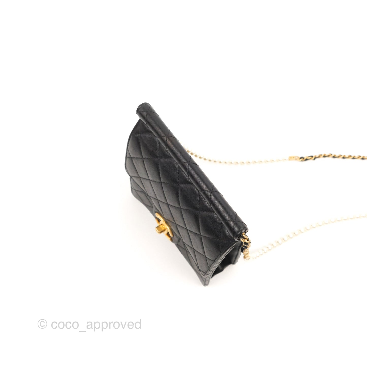 Chanel Small Pearl Flap Bag Black Calfskin Aged Gold Hardware