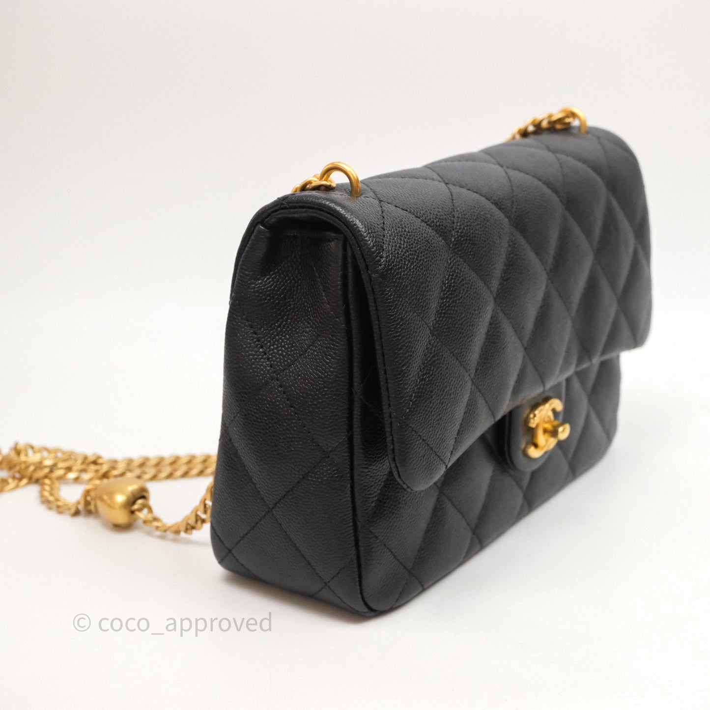 Chanel Flap Bag Heart Adjustable Chain Black Caviar Aged Gold Hardware