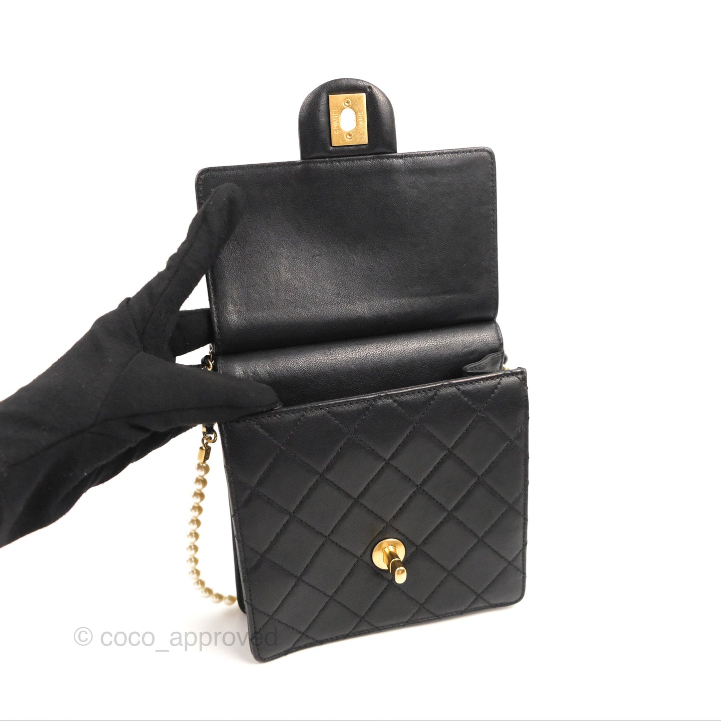 Chanel Small Pearl Flap Bag Black Calfskin Aged Gold Hardware