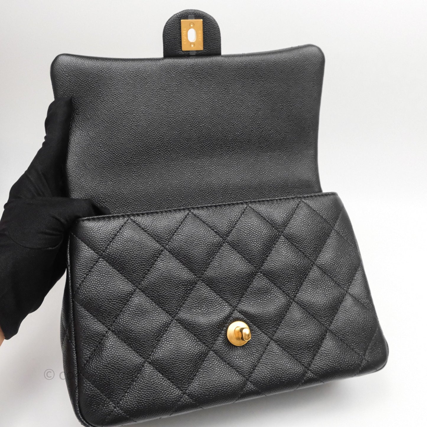 Chanel Flap Bag Heart Adjustable Chain Black Caviar Aged Gold Hardware