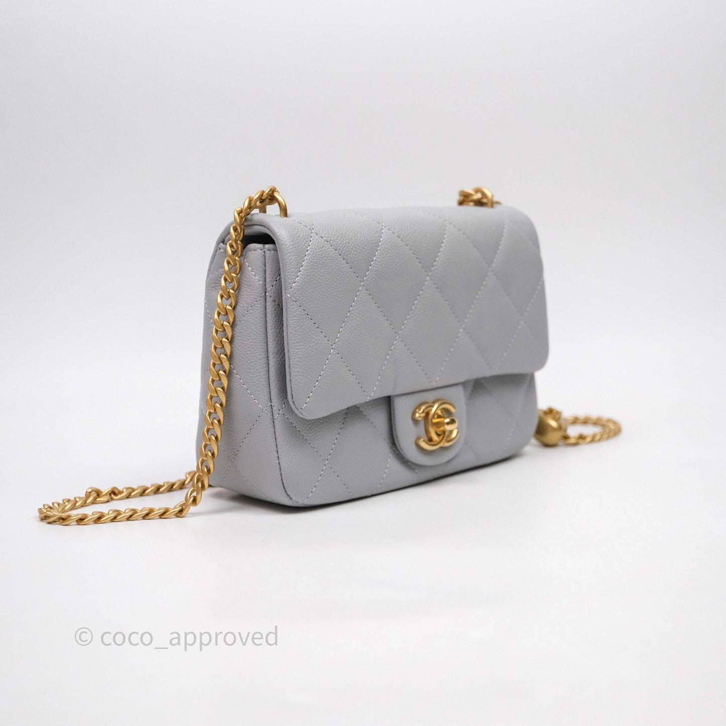 Chanel Mini Flap Bag Heart Adjustable Chain Grey Caviar Aged Gold Hardware