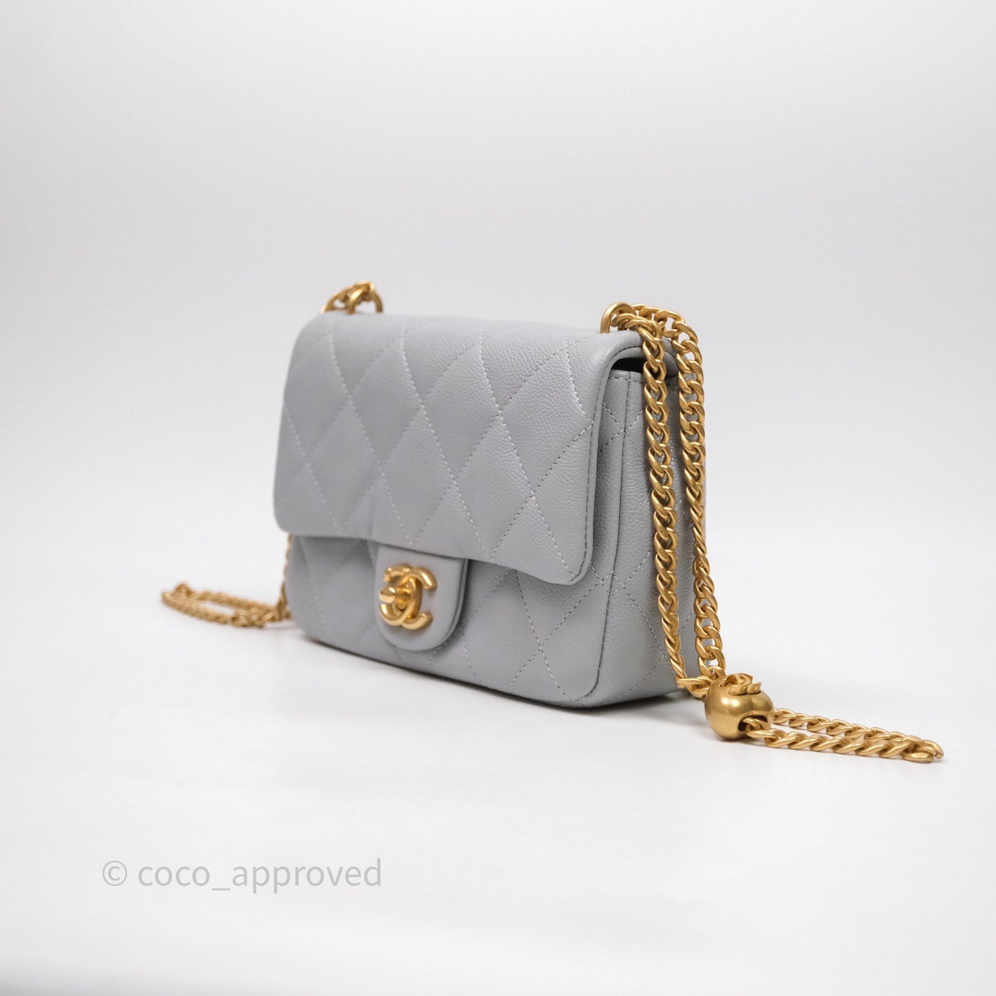 Chanel Mini Flap Bag Heart Adjustable Chain Grey Caviar Aged Gold Hardware