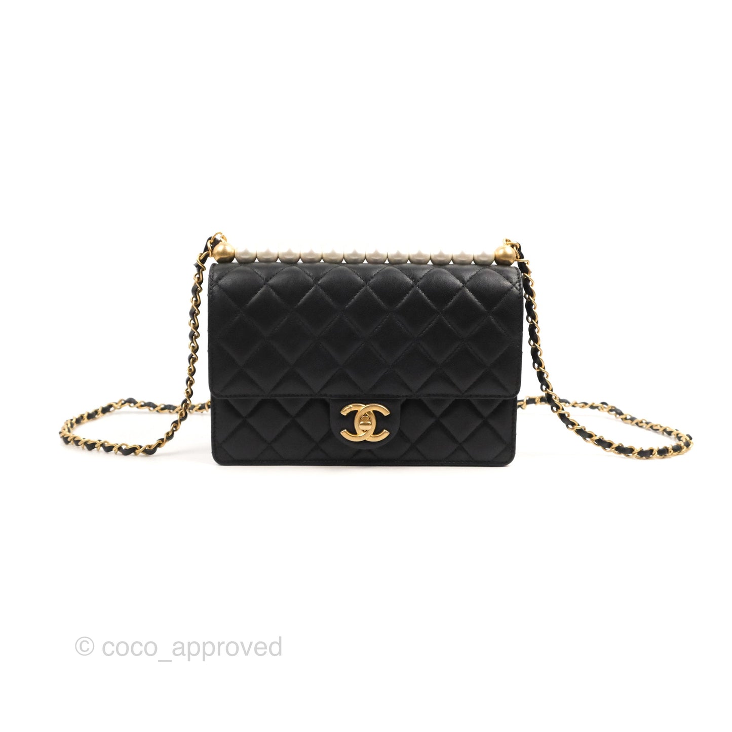 Chanel Small Quilted Chic Pearls Flap Black Goatskin Aged Gold Hardware