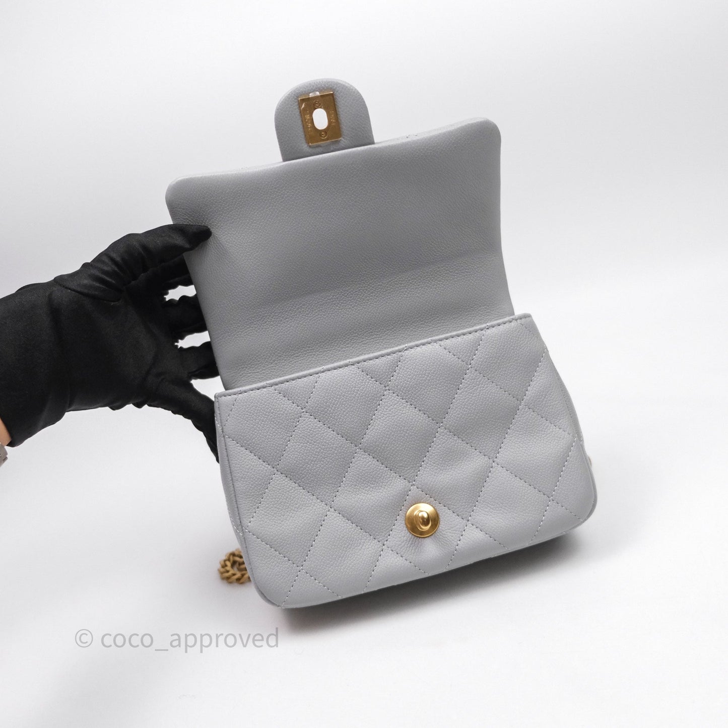 Chanel Mini Flap Bag Heart Adjustable Chain Grey Caviar Aged Gold Hardware