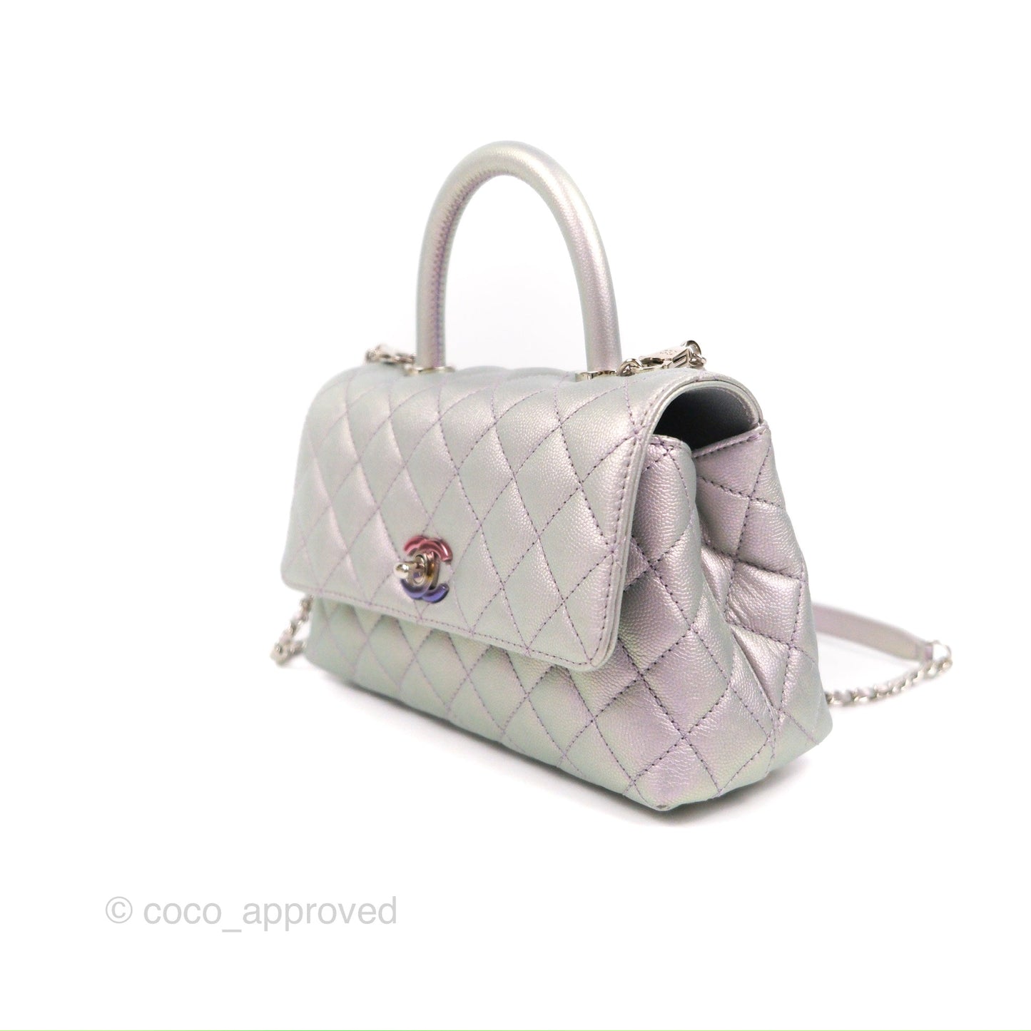 Chanel Small Coco Handle Quilted Iridescent Lilac Caviar Rainbow Hardware