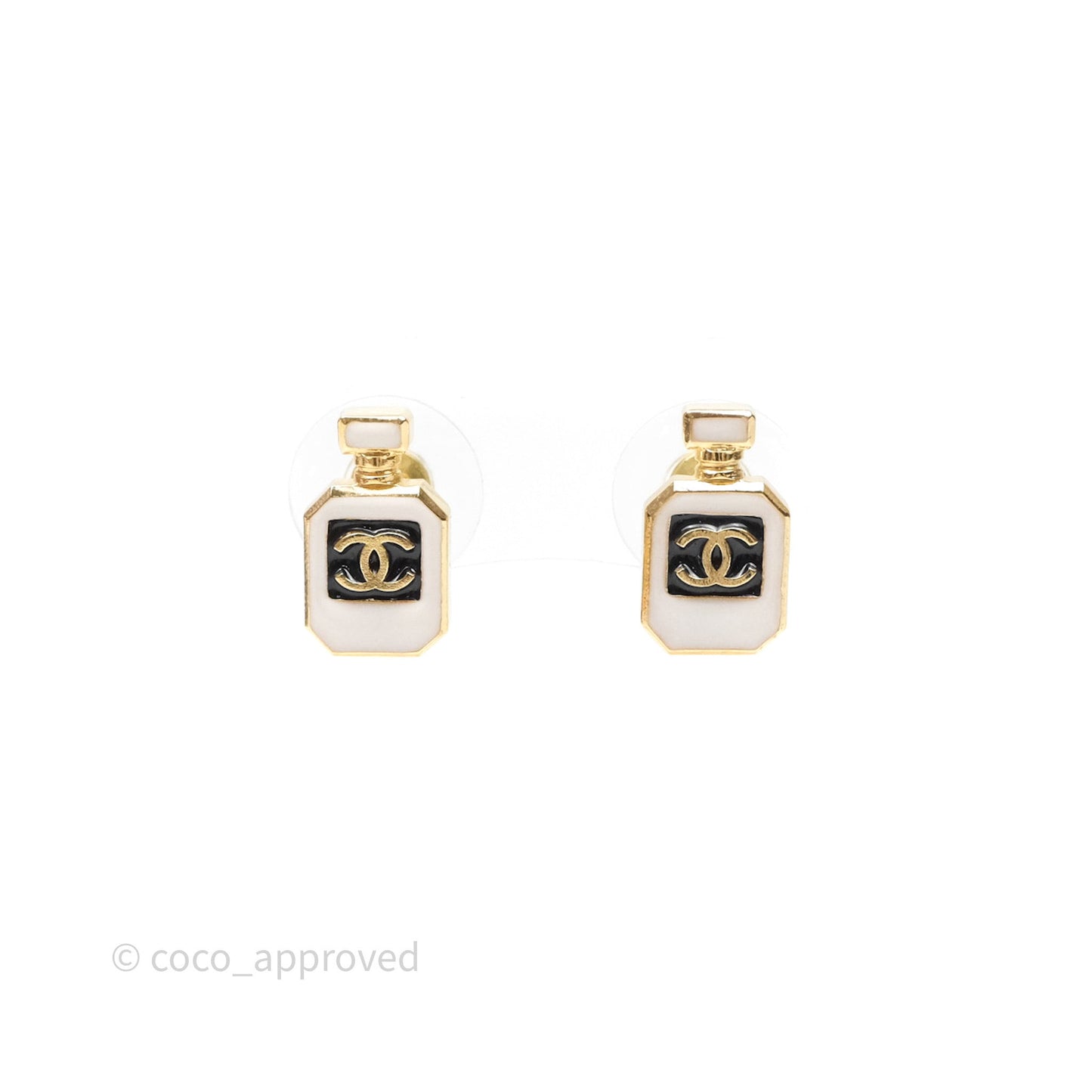 Chanel CC White Perfume Bottle Earrings Gold Tone 25C