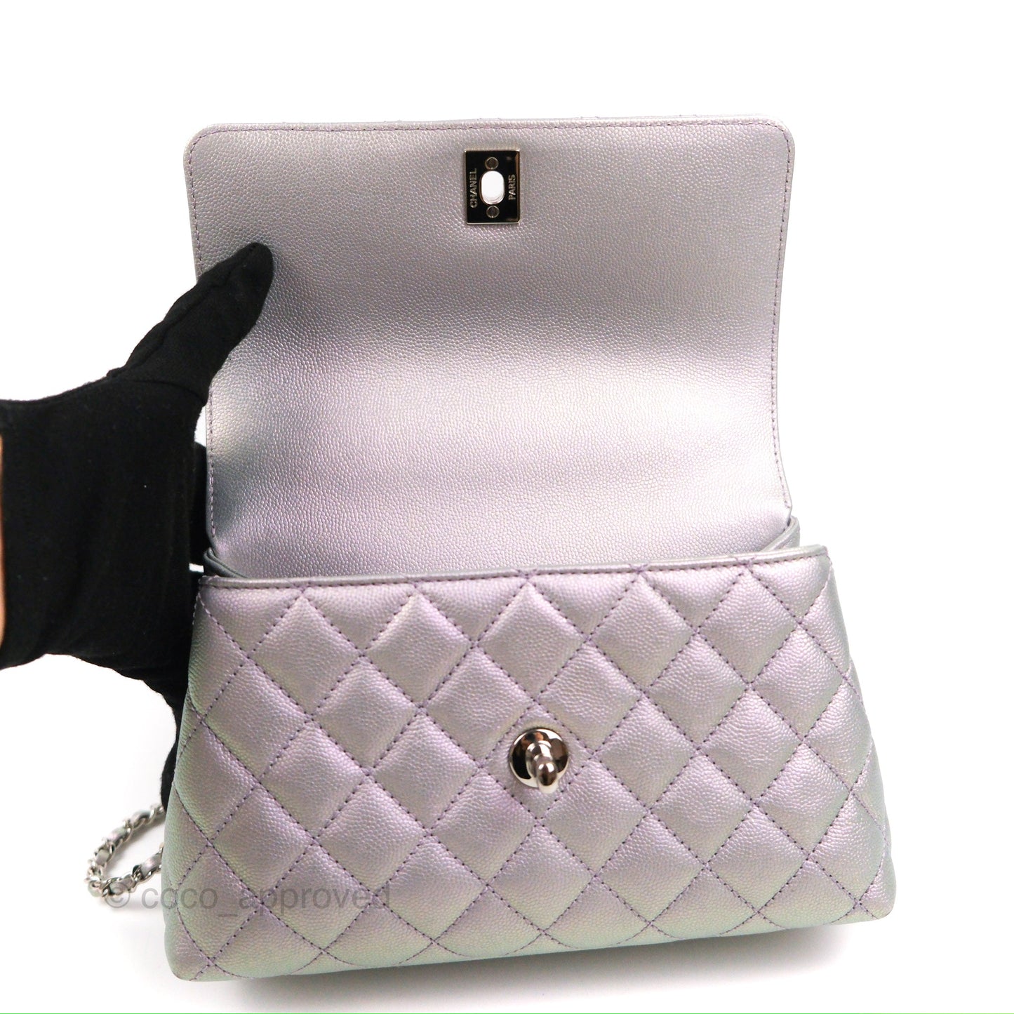 Chanel Small Coco Handle Quilted Iridescent Lilac Caviar Rainbow Hardware