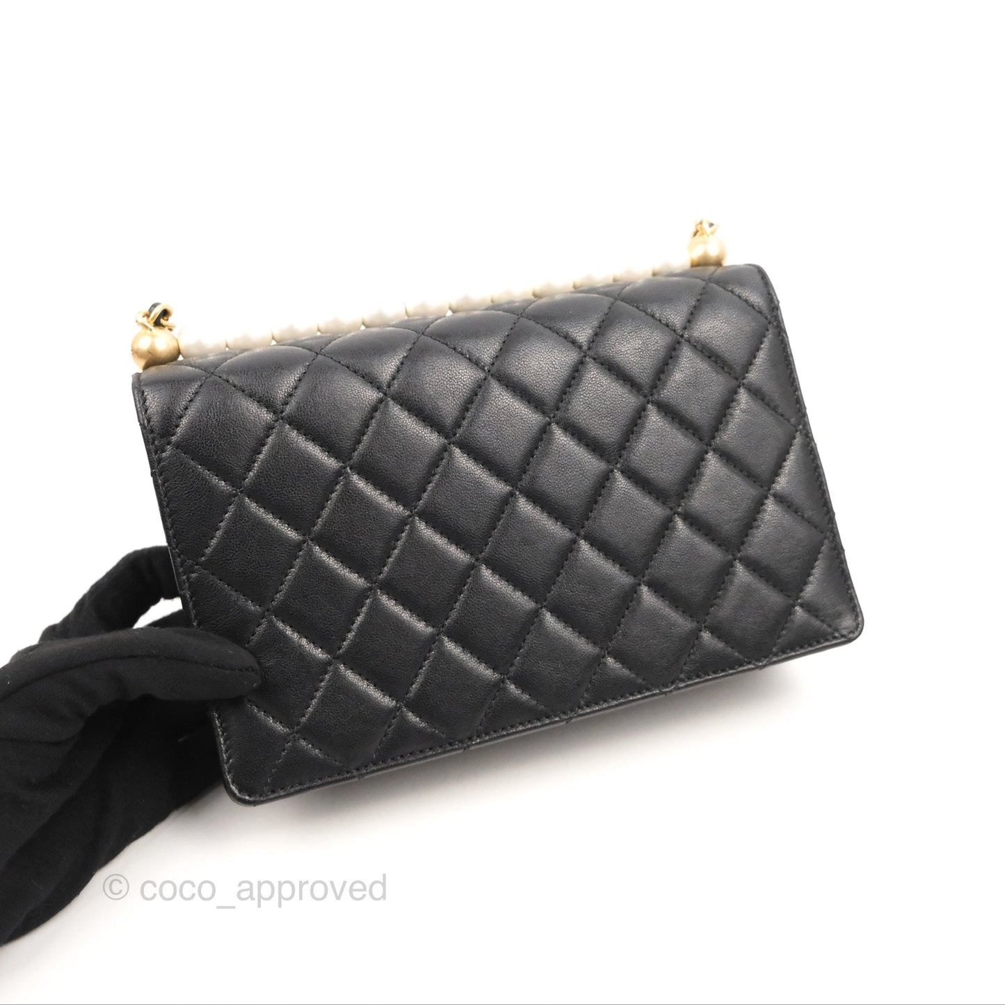 Chanel Small Quilted Chic Pearls Flap Black Goatskin Aged Gold Hardware