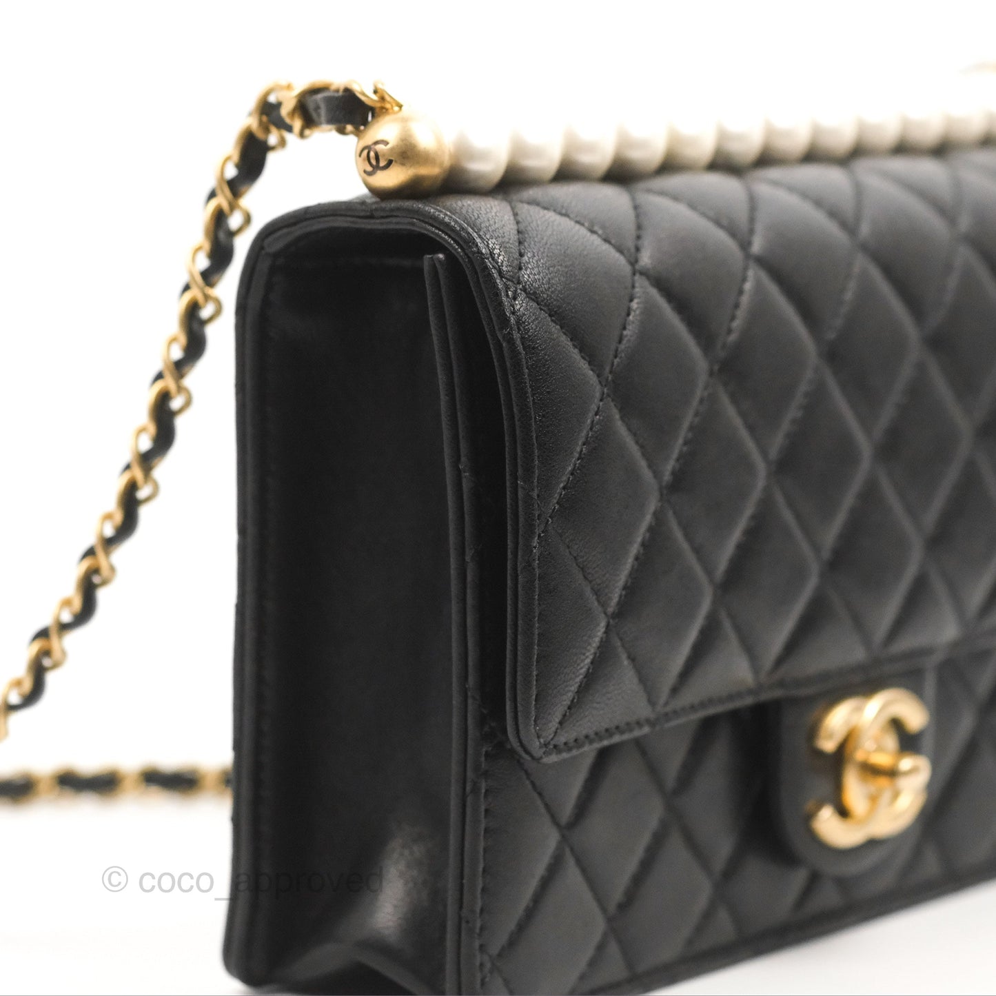 Chanel Small Quilted Chic Pearls Flap Black Goatskin Aged Gold Hardware