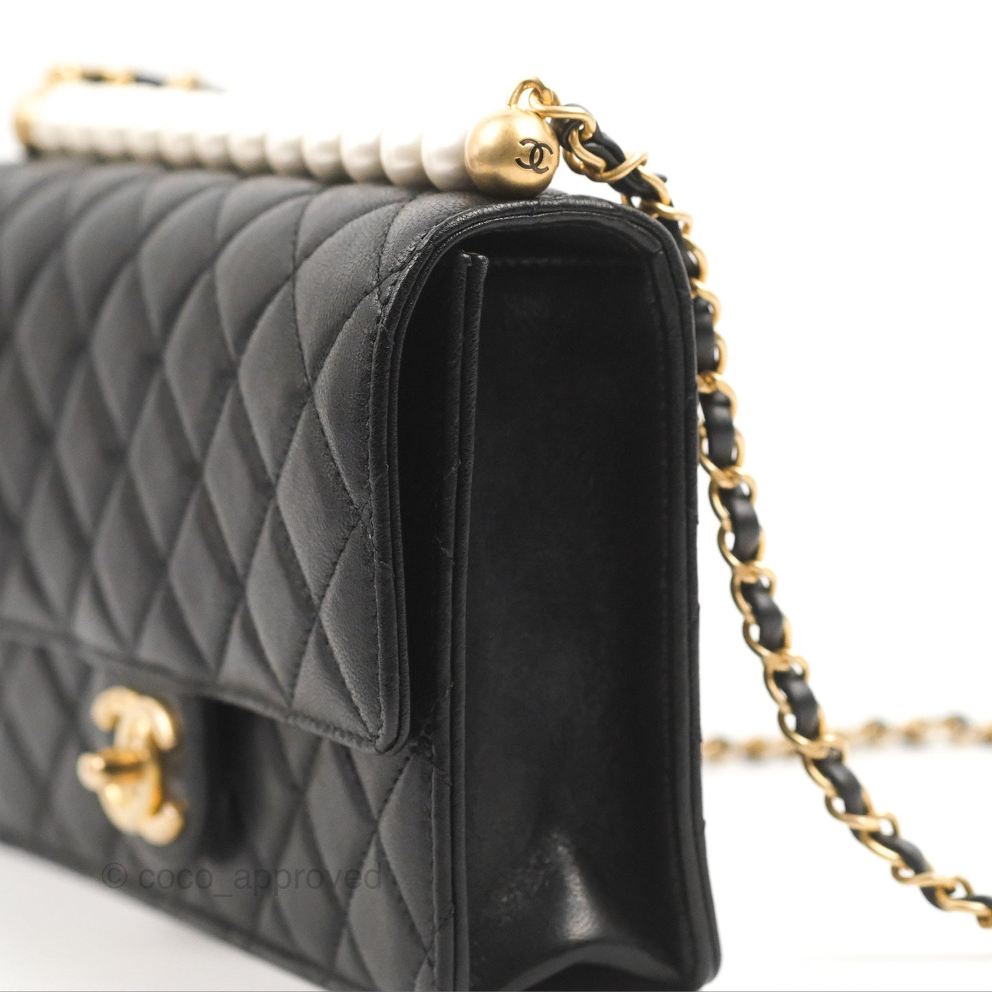 Chanel Small Quilted Chic Pearls Flap Black Goatskin Aged Gold Hardware