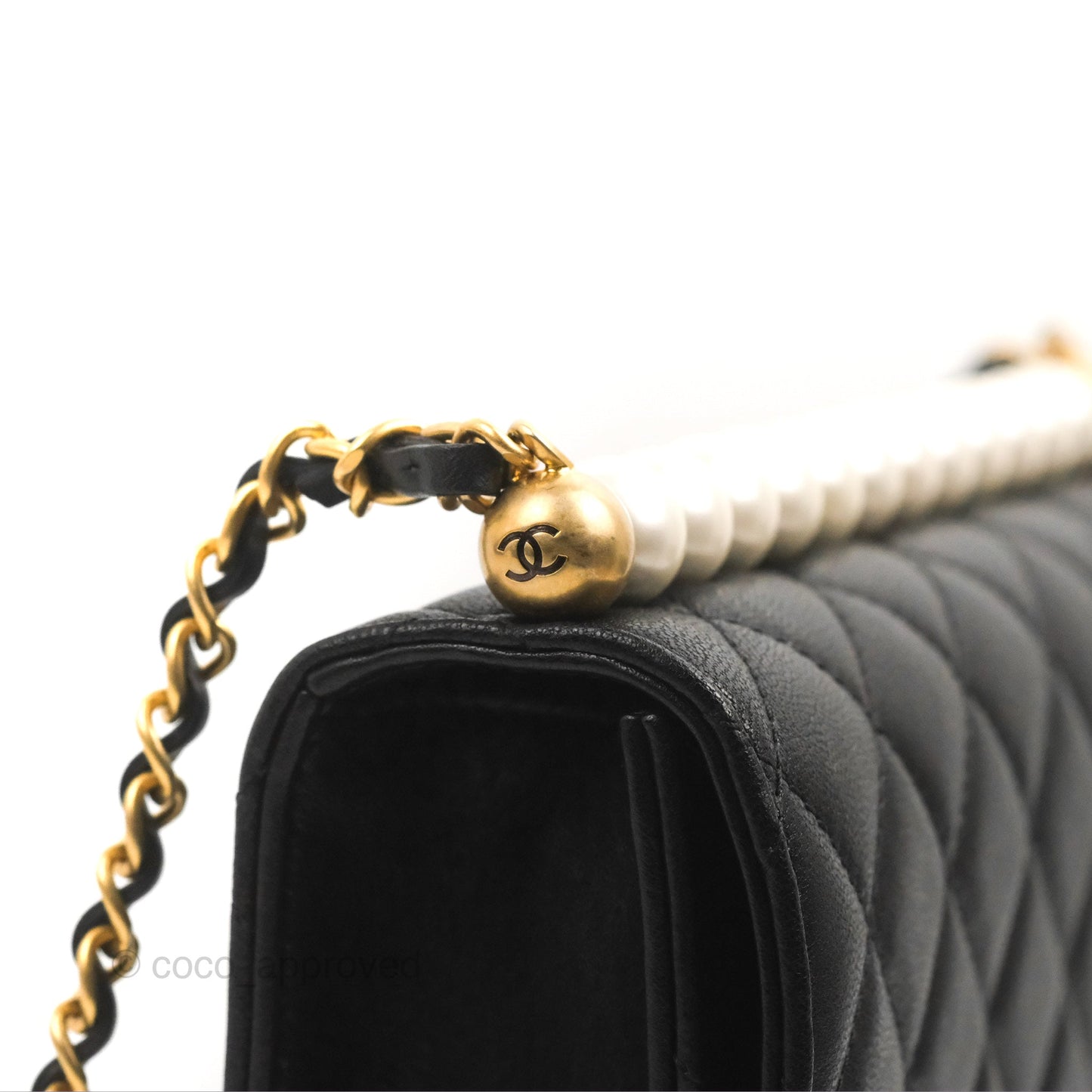 Chanel Small Quilted Chic Pearls Flap Black Goatskin Aged Gold Hardware