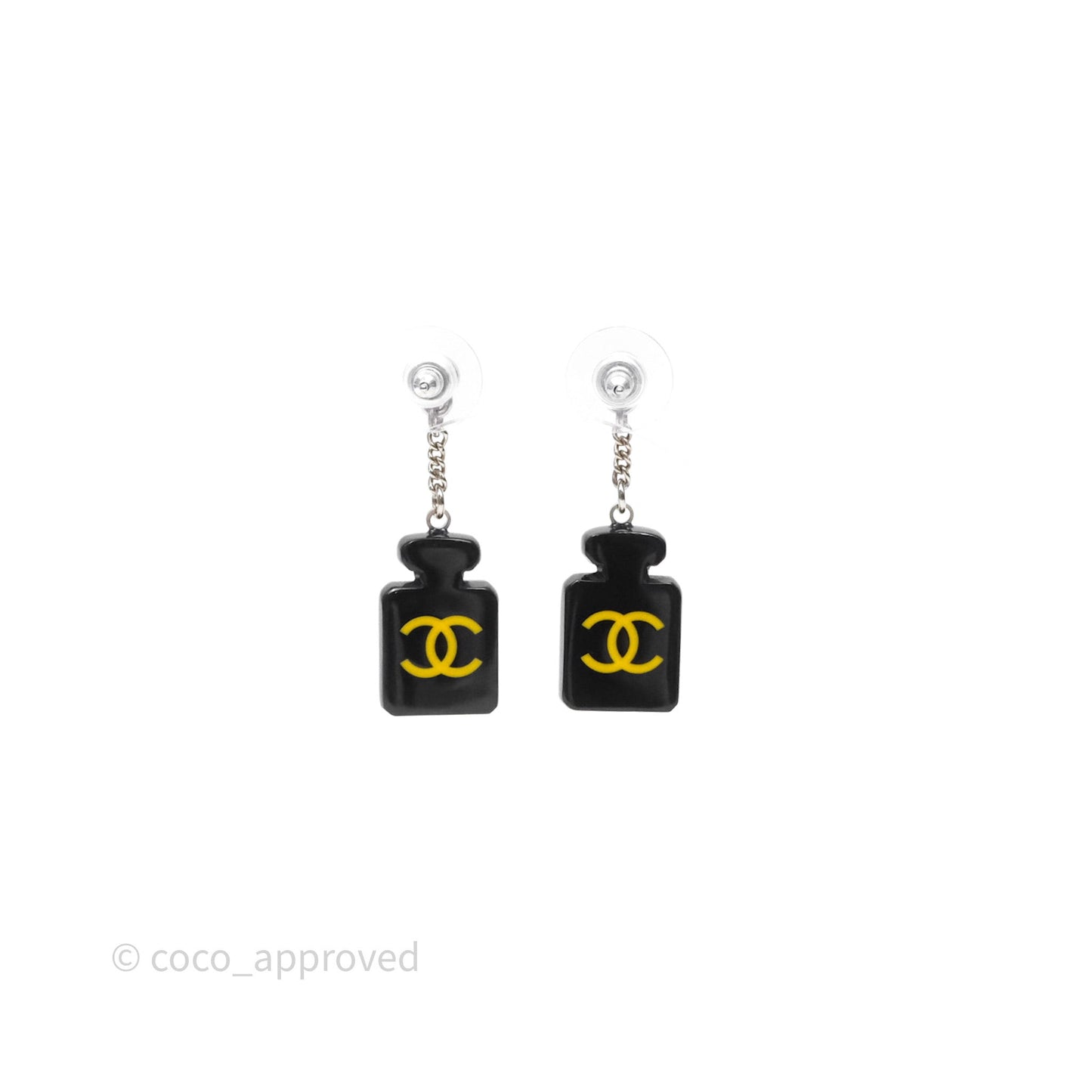Chanel Resin Perfume Bottle Drop Earrings Black Silver Tone 15S