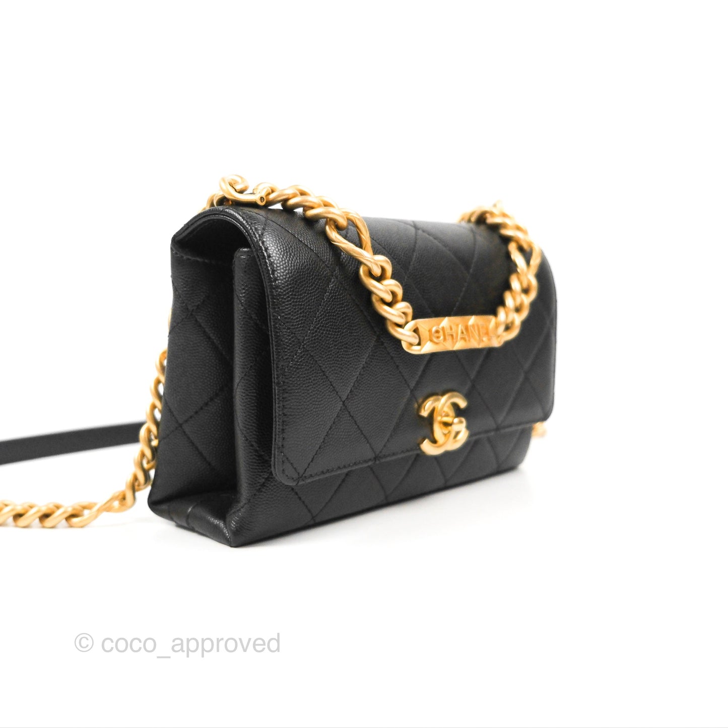 Chanel Mini Bracelet On Chain Flap Bag Flat Quilted Black Caviar Aged Gold Hardware
