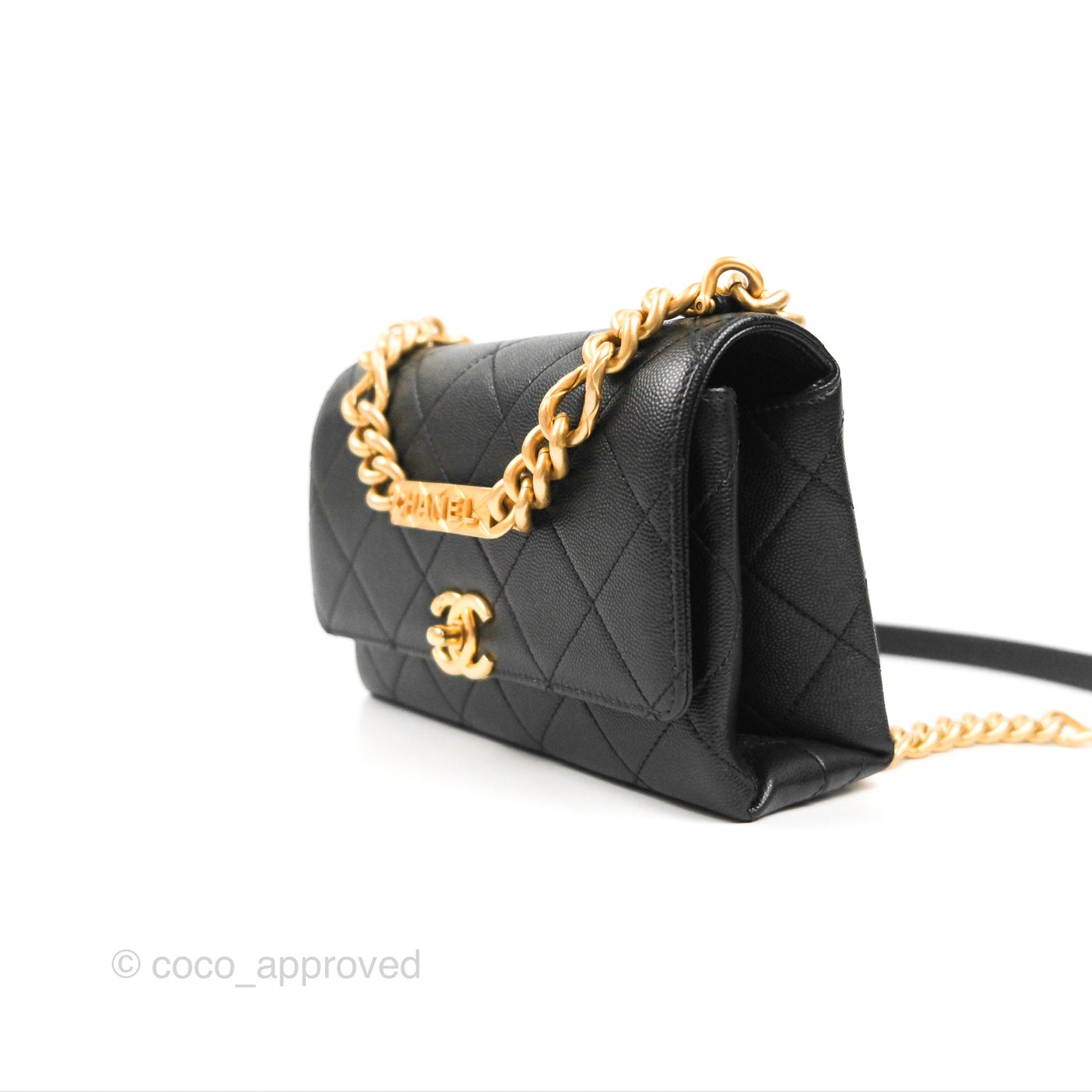Chanel Mini Bracelet On Chain Flap Bag Flat Quilted Black Caviar Aged Gold Hardware