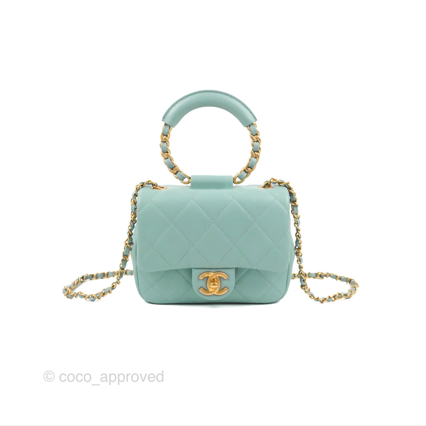 Chanel Circular Handle Square Flap Bag Tiffany Blue Lambskin Aged Gold Hardware