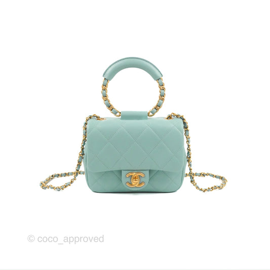 Chanel Circular Handle Square Flap Bag Tiffany Blue Lambskin Aged Gold Hardware