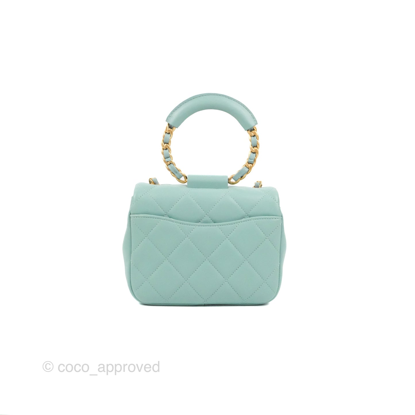 Chanel Circular Handle Square Flap Bag Tiffany Blue Lambskin Aged Gold Hardware