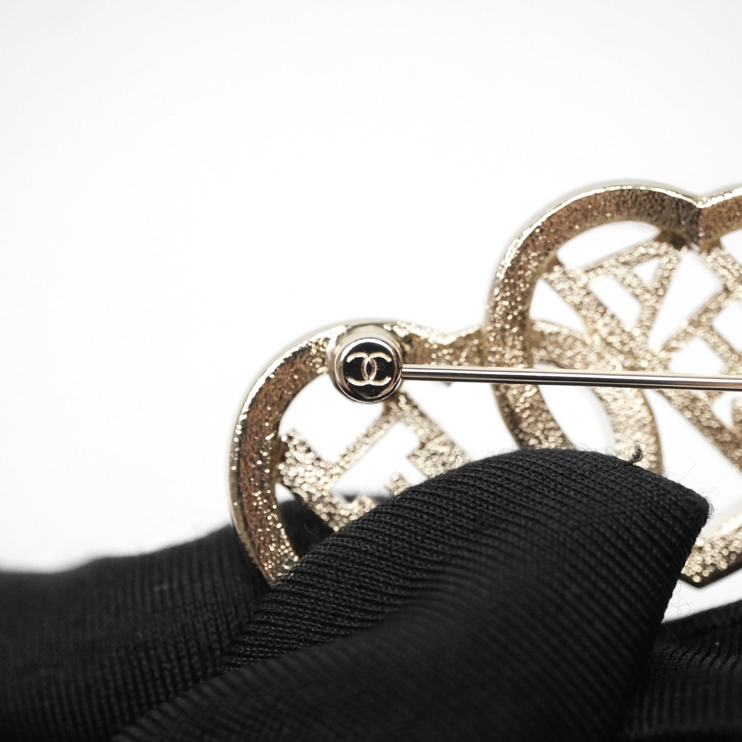 Chanel Crystal Heart Logo CC Brooch Gold Tone 23B
