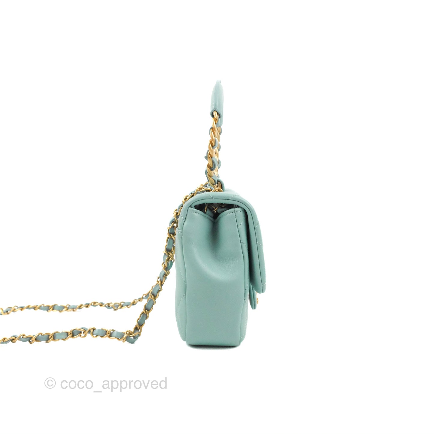 Chanel Circular Handle Square Flap Bag Tiffany Blue Lambskin Aged Gold Hardware