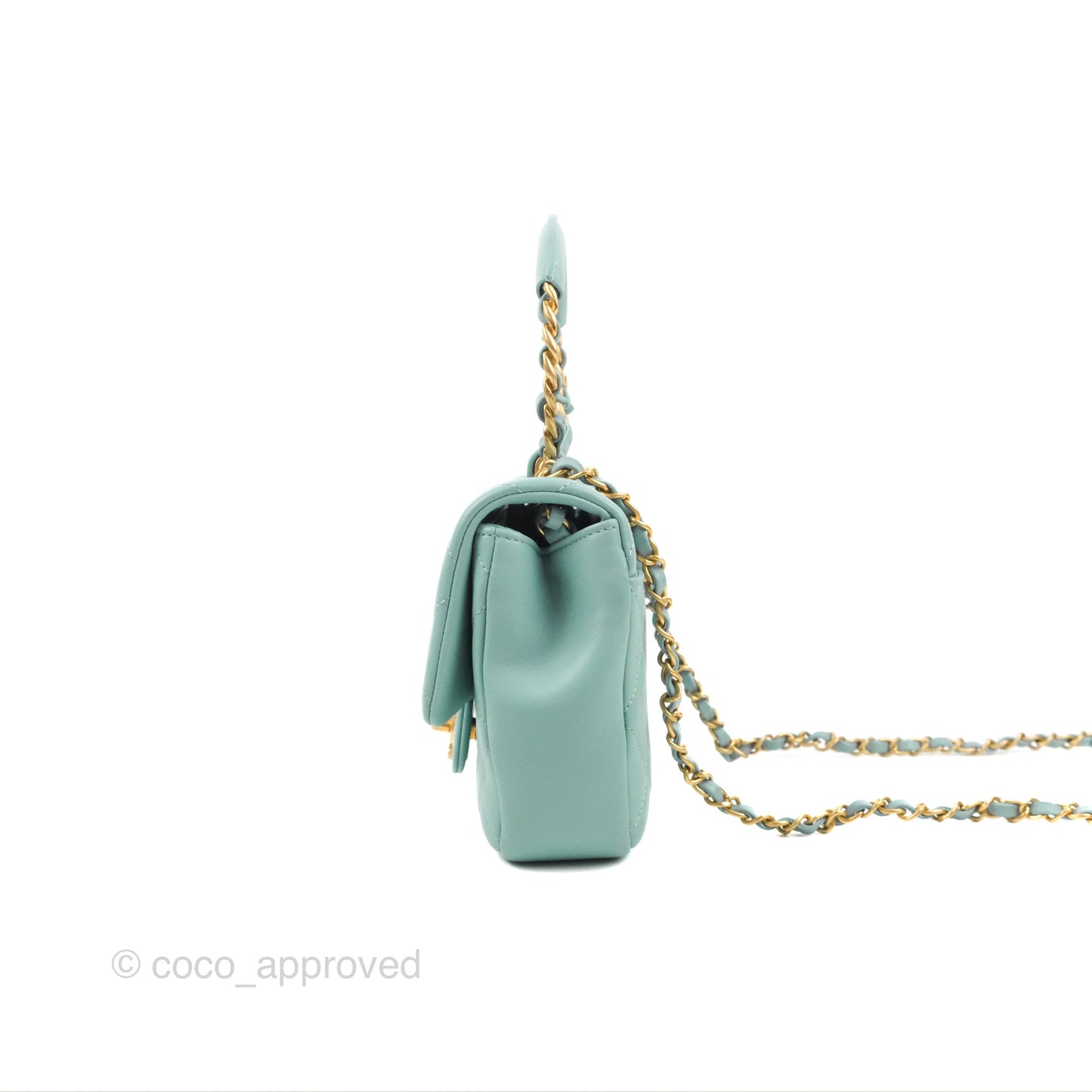 Chanel Circular Handle Square Flap Bag Tiffany Blue Lambskin Aged Gold Hardware