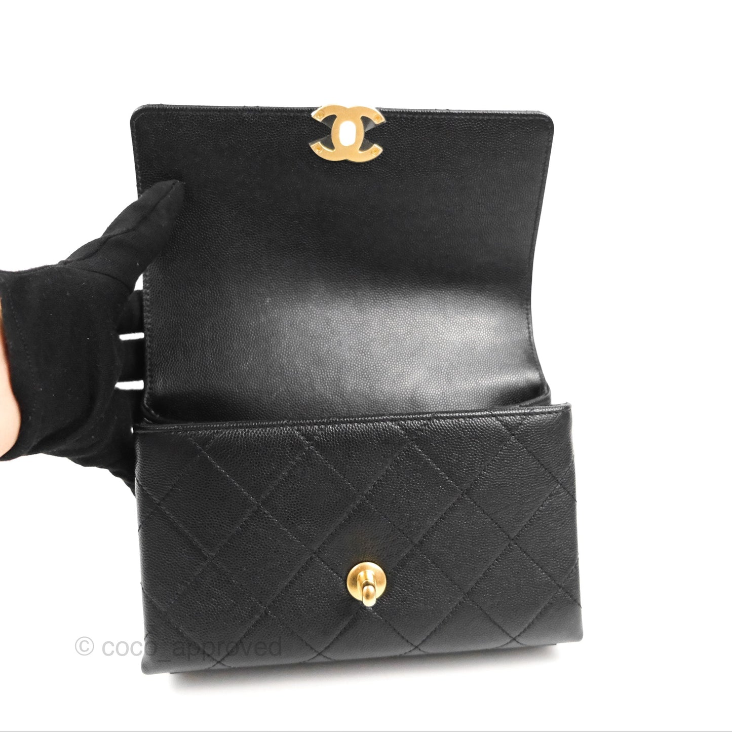 Chanel Mini Bracelet On Chain Flap Bag Flat Quilted Black Caviar Aged Gold Hardware