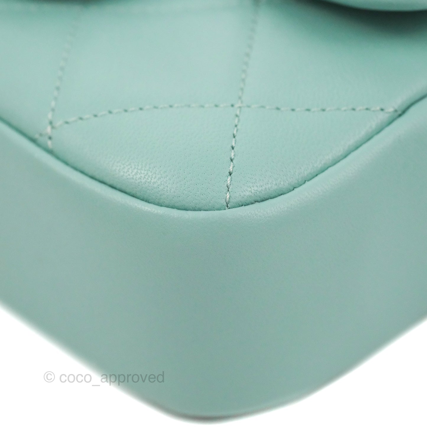 Chanel Circular Handle Square Flap Bag Tiffany Blue Lambskin Aged Gold Hardware
