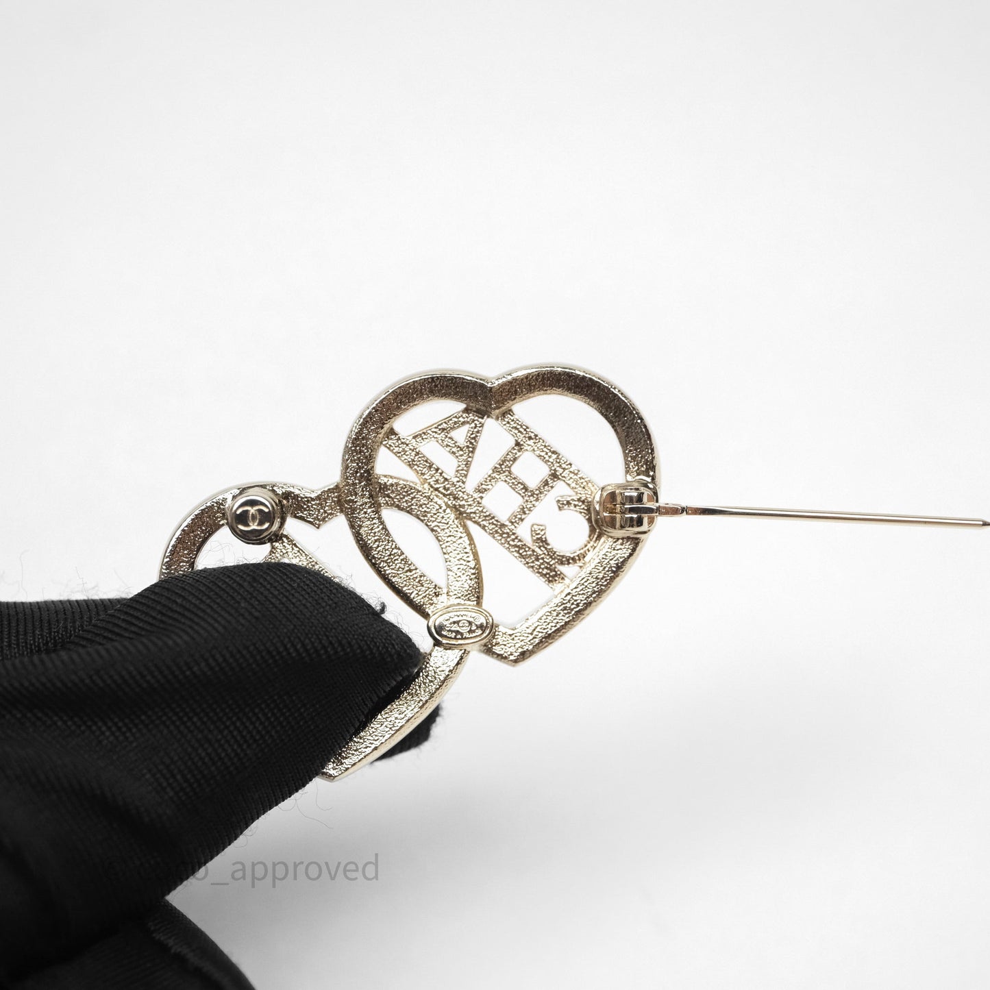Chanel Crystal Heart Logo CC Brooch Gold Tone 23B