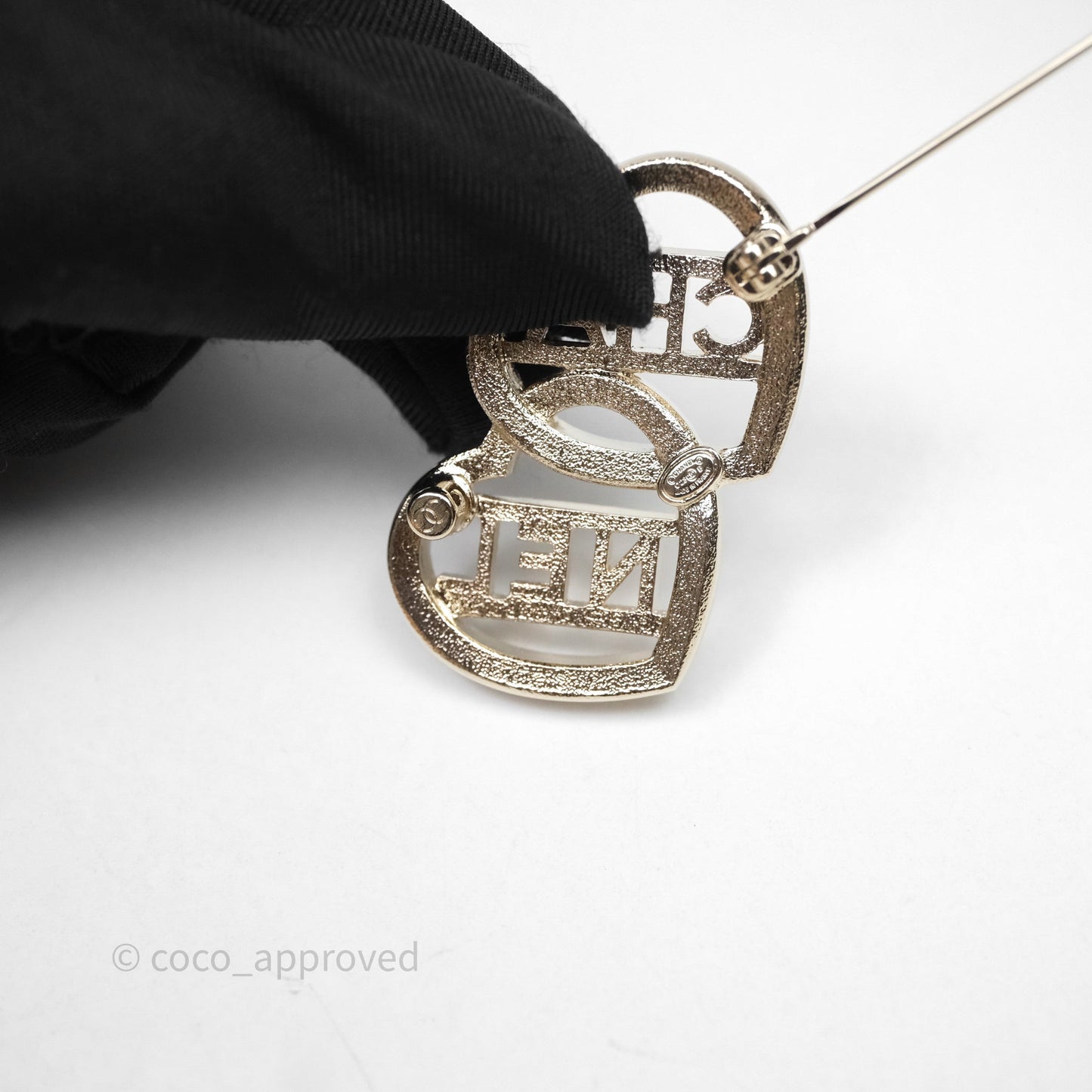 Chanel Crystal Heart Logo CC Brooch Gold Tone 23B