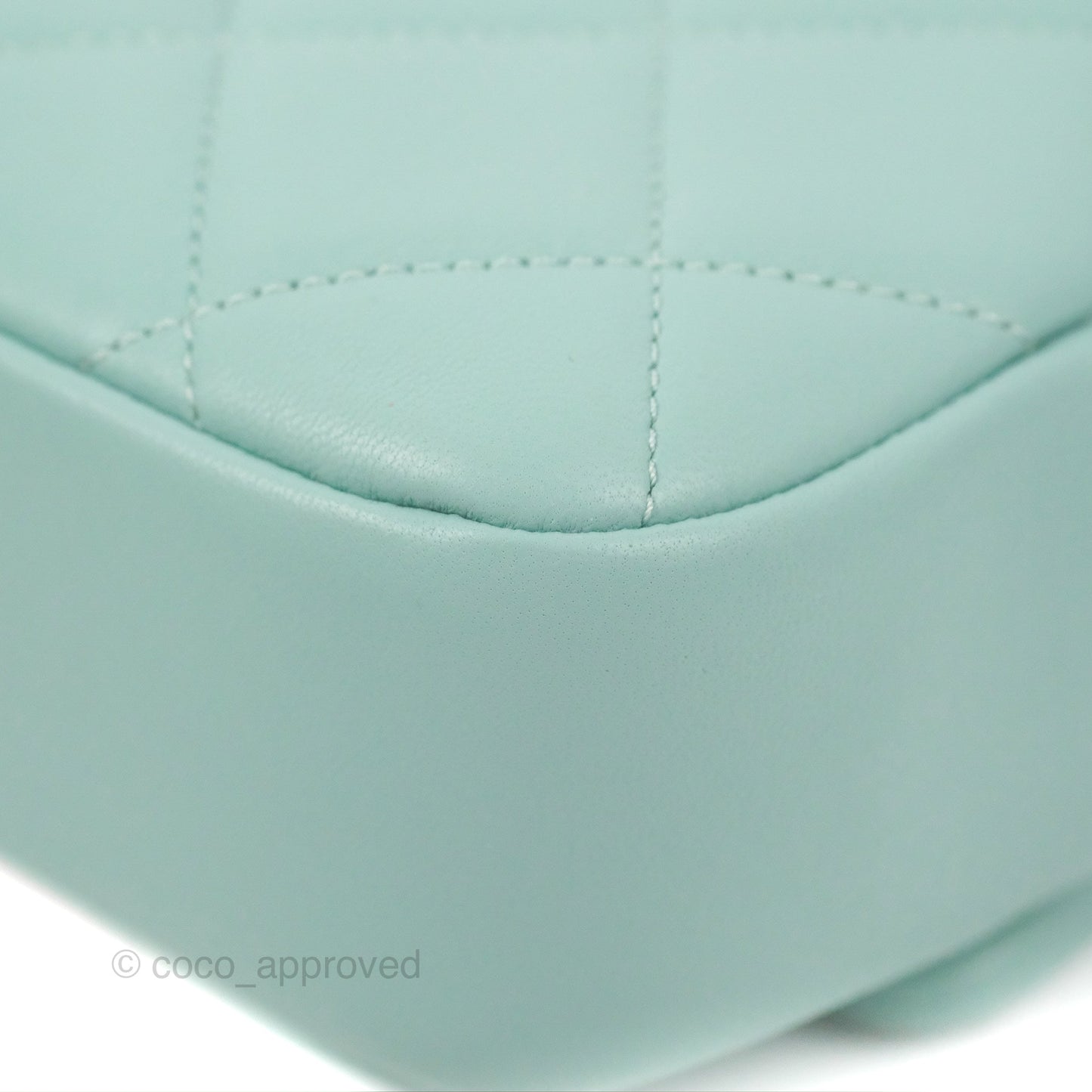 Chanel Circular Handle Square Flap Bag Tiffany Blue Lambskin Aged Gold Hardware
