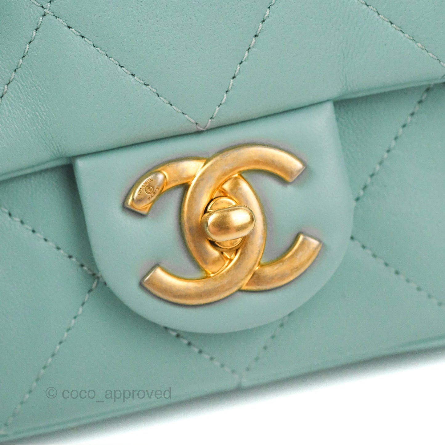 Chanel Circular Handle Square Flap Bag Tiffany Blue Lambskin Aged Gold Hardware